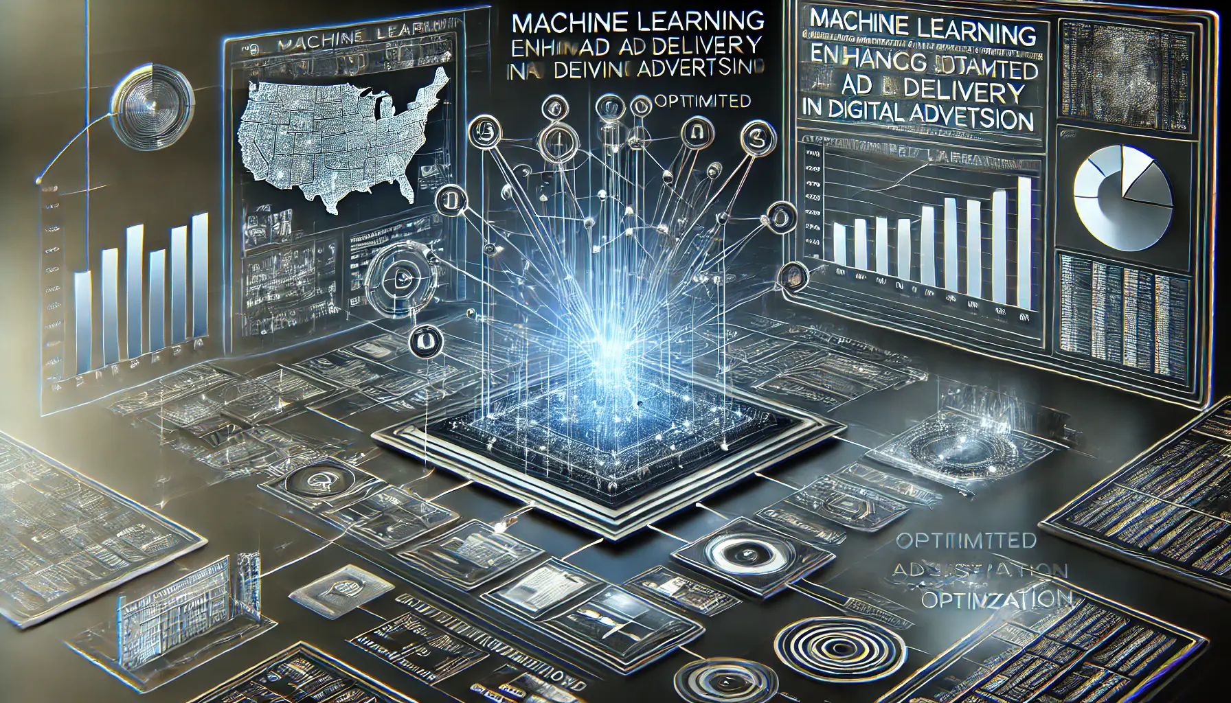 A digital interface showing machine learning algorithms analyzing data for optimized ad delivery, with dynamic data points and real-time adjustments.