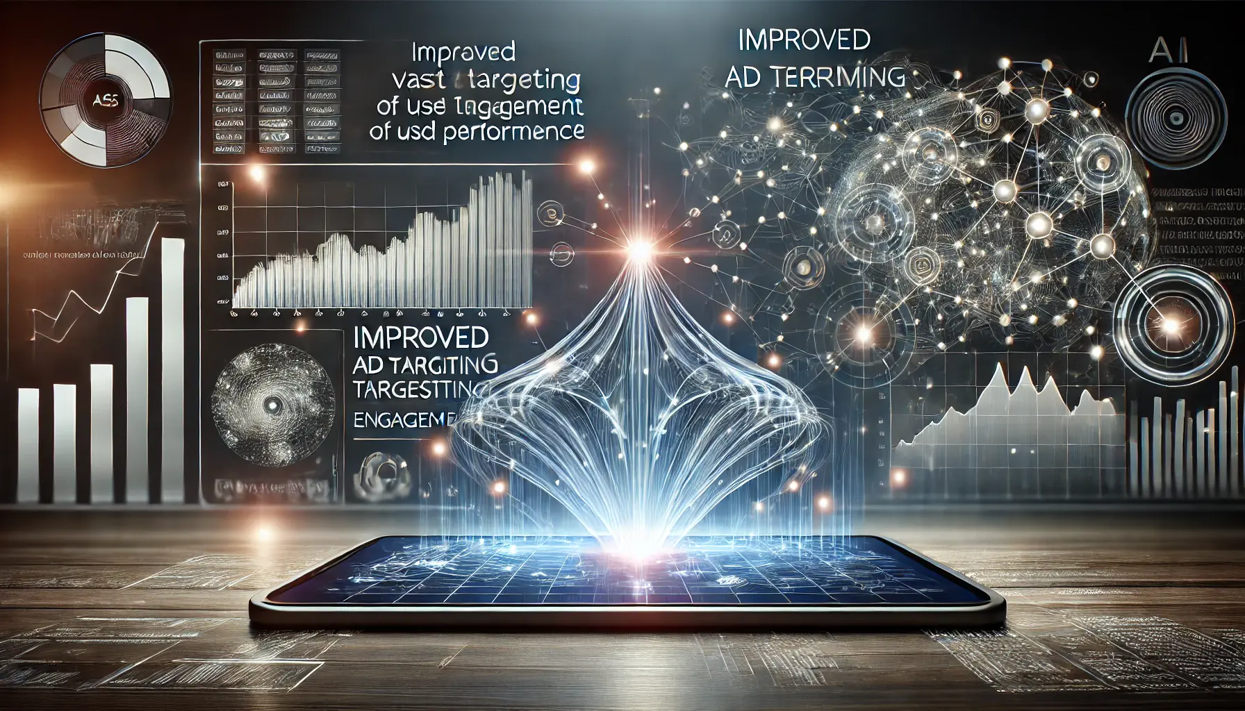 A digital display with machine learning algorithms analyzing user data to improve ad performance, showing enhanced targeting and engagement metrics.