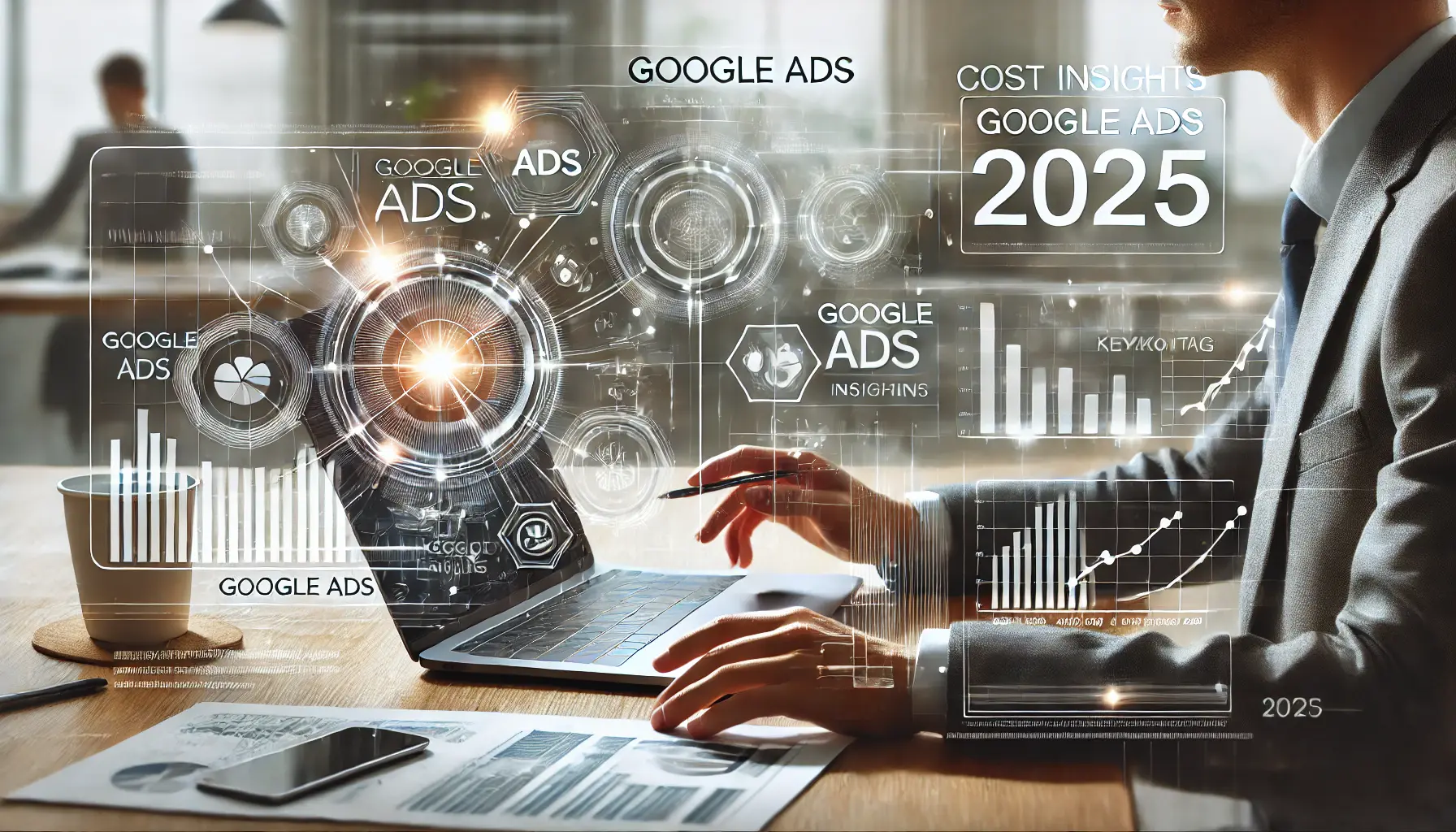 A person working on a laptop displaying a Google Ads dashboard, surrounded by digital marketing elements like graphs and charts, symbolizing data-driven decision-making in 2025.