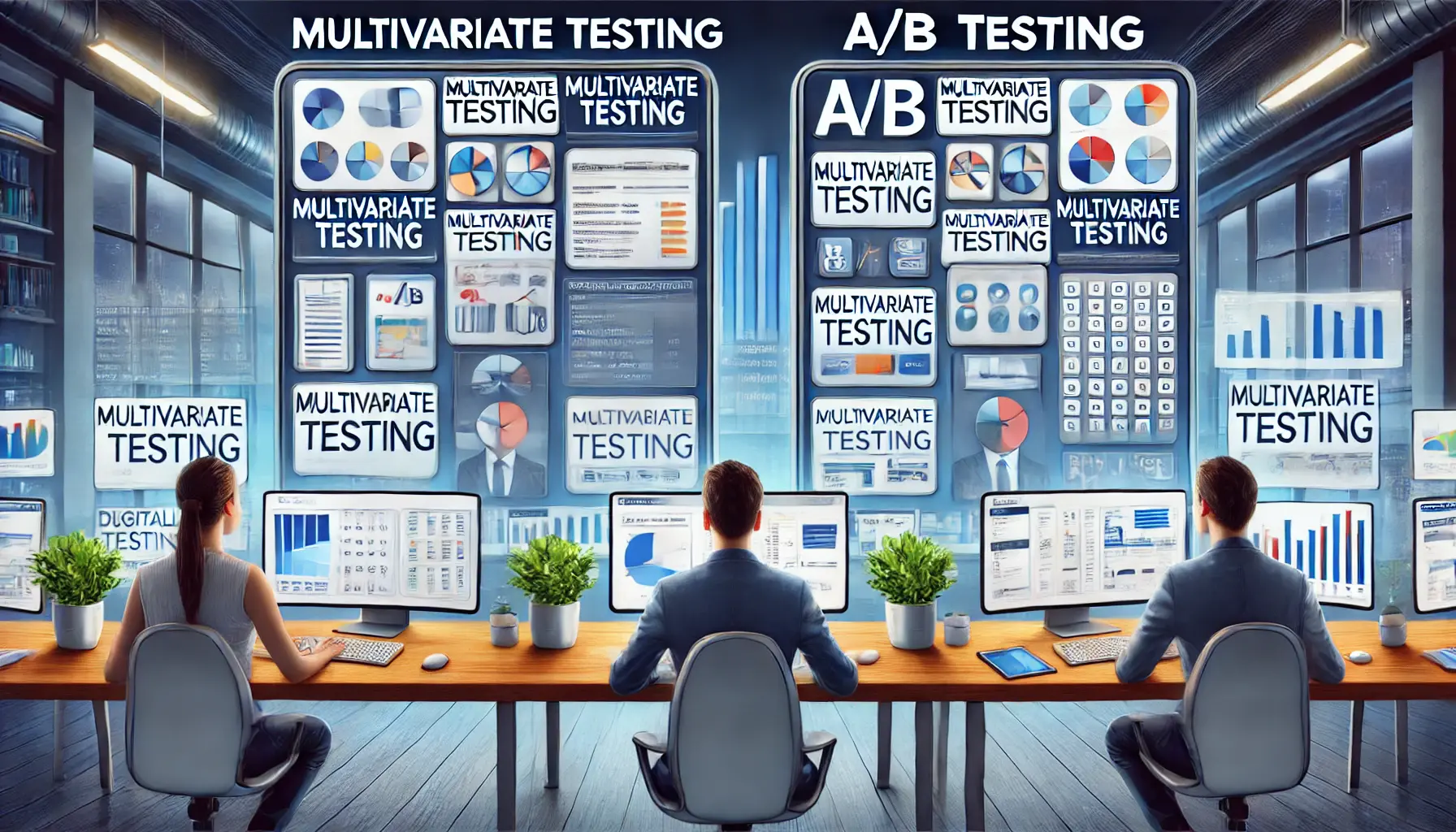 A digital marketer comparing A/B testing and multivariate testing with separate screens showing ad variations and performance data.