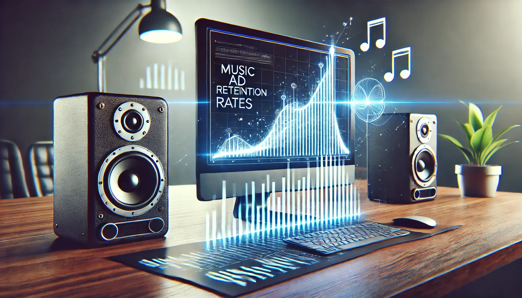 Image of a computer screen showing a rising retention graph with sound waves emanating from speakers, symbolizing music's impact on ad retention rates.