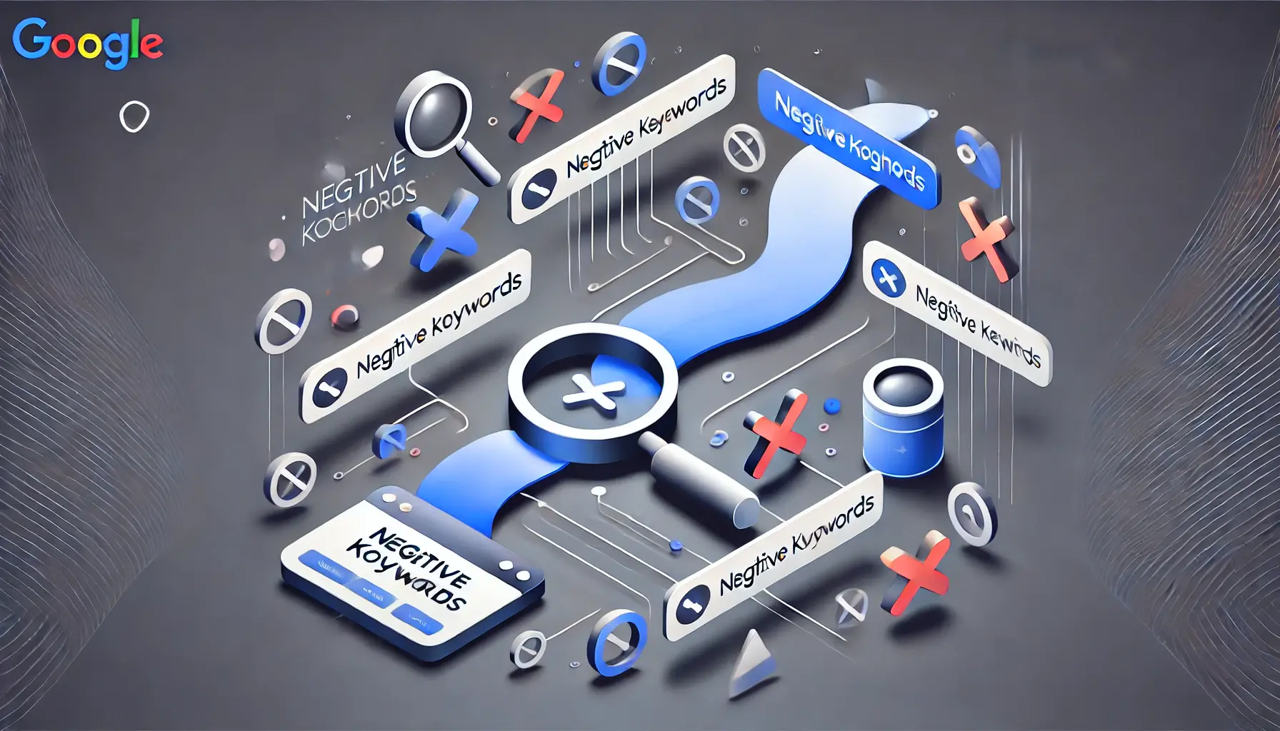 Abstract flow of search queries being filtered by negative keywords with icons like magnifying glasses, filters, and arrows.