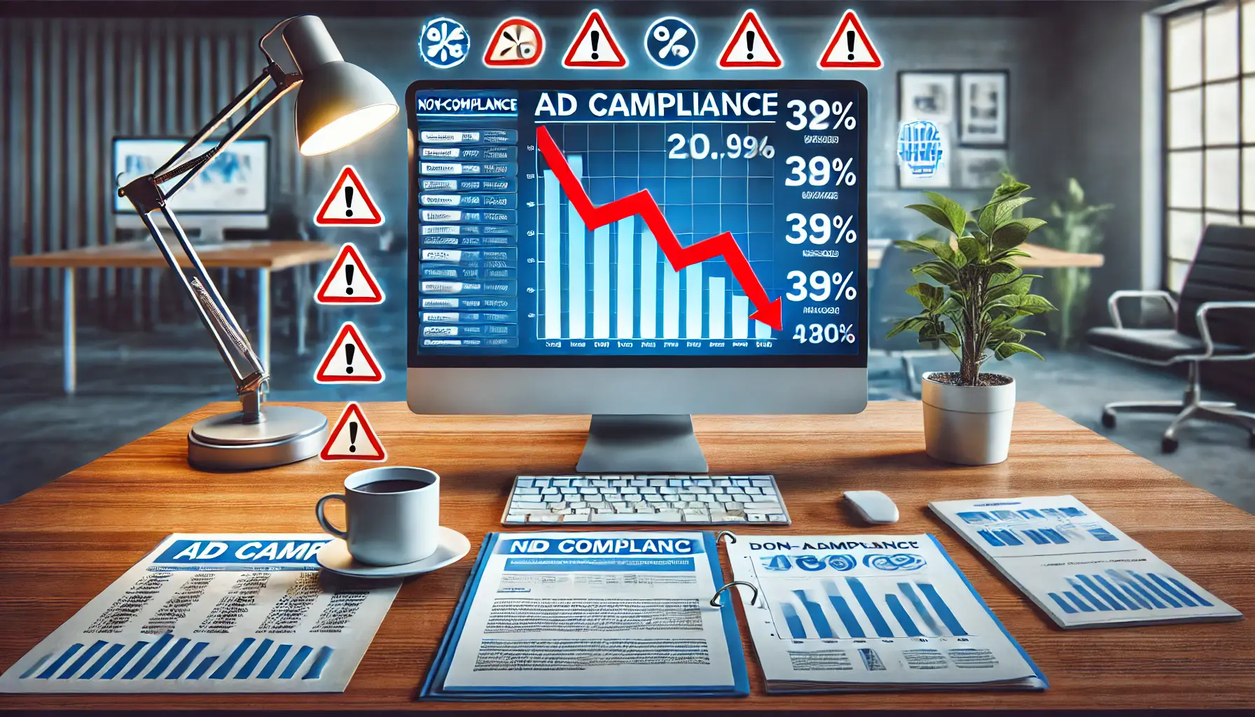 A stressed individual reviewing a computer screen showing a drop in ad campaign performance, with documents and warning symbols around.