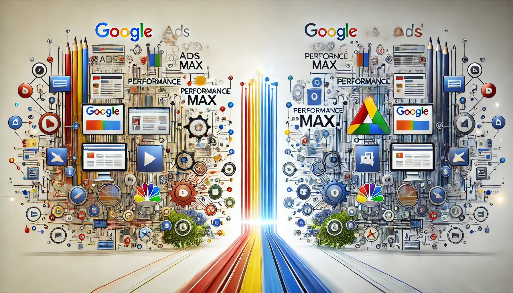 A conceptual illustration contrasting traditional ad campaigns with Google Ads' Performance Max, showcasing integrated multi-channel platforms unified by AI-driven optimization.