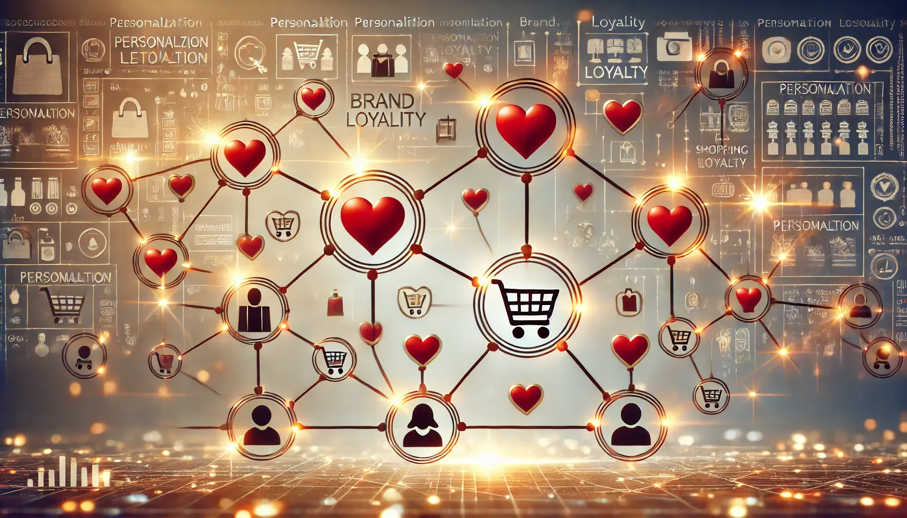 Abstract representation of personalization with glowing hearts connecting to user profiles and product icons.