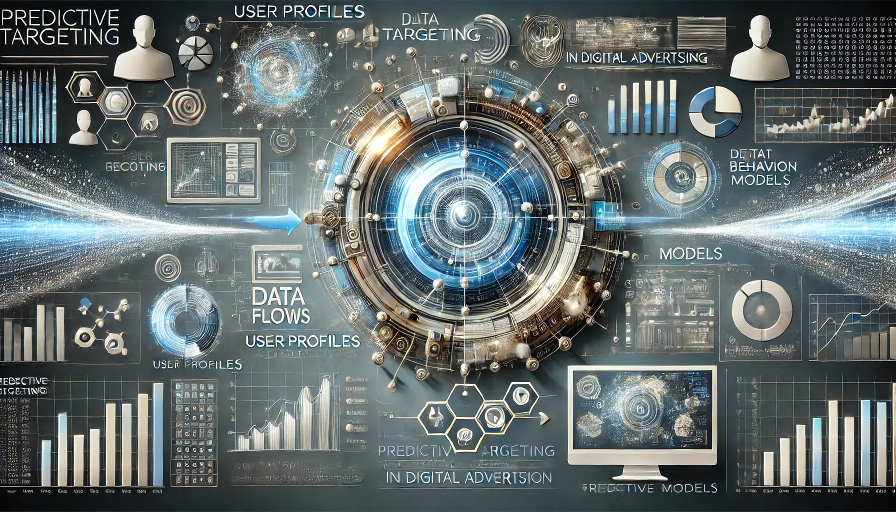 Abstract illustration of predictive targeting with algorithms, data flows, and user behavior forecasting in cool tones.