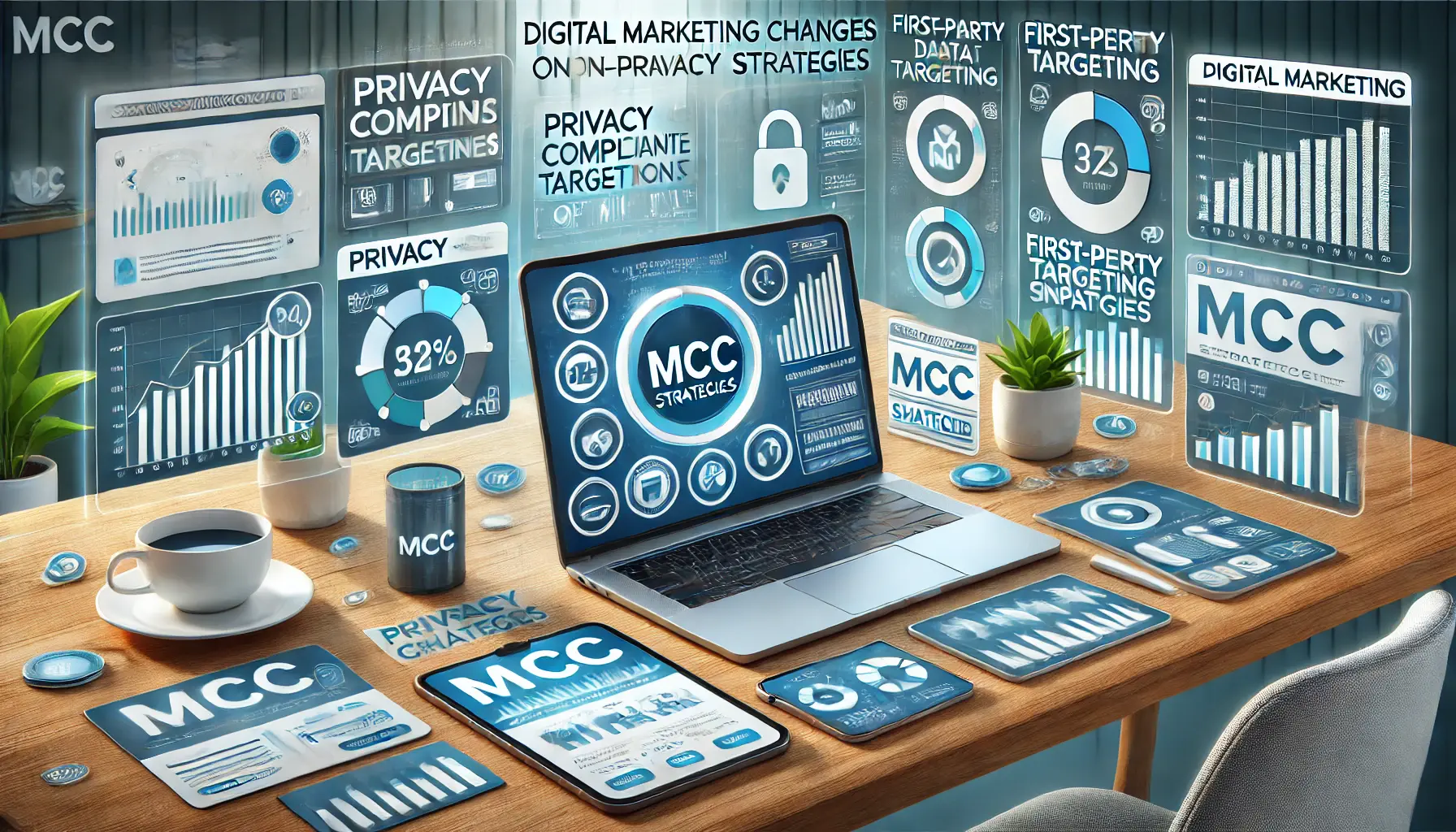 A digital marketing workspace with a laptop displaying MCC privacy features and analytics, reflecting privacy-compliant strategies.