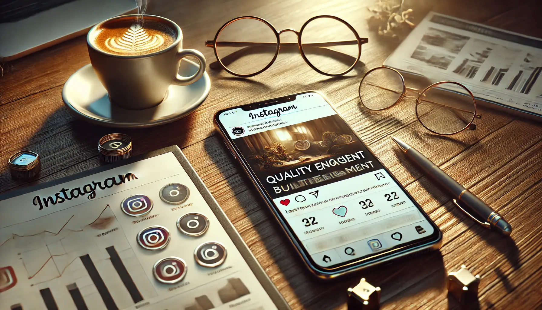 A smartphone displaying a highly engaging Instagram post, surrounded by a coffee cup, glasses, and a tablet showing analytics, symbolizing trust and user interaction.