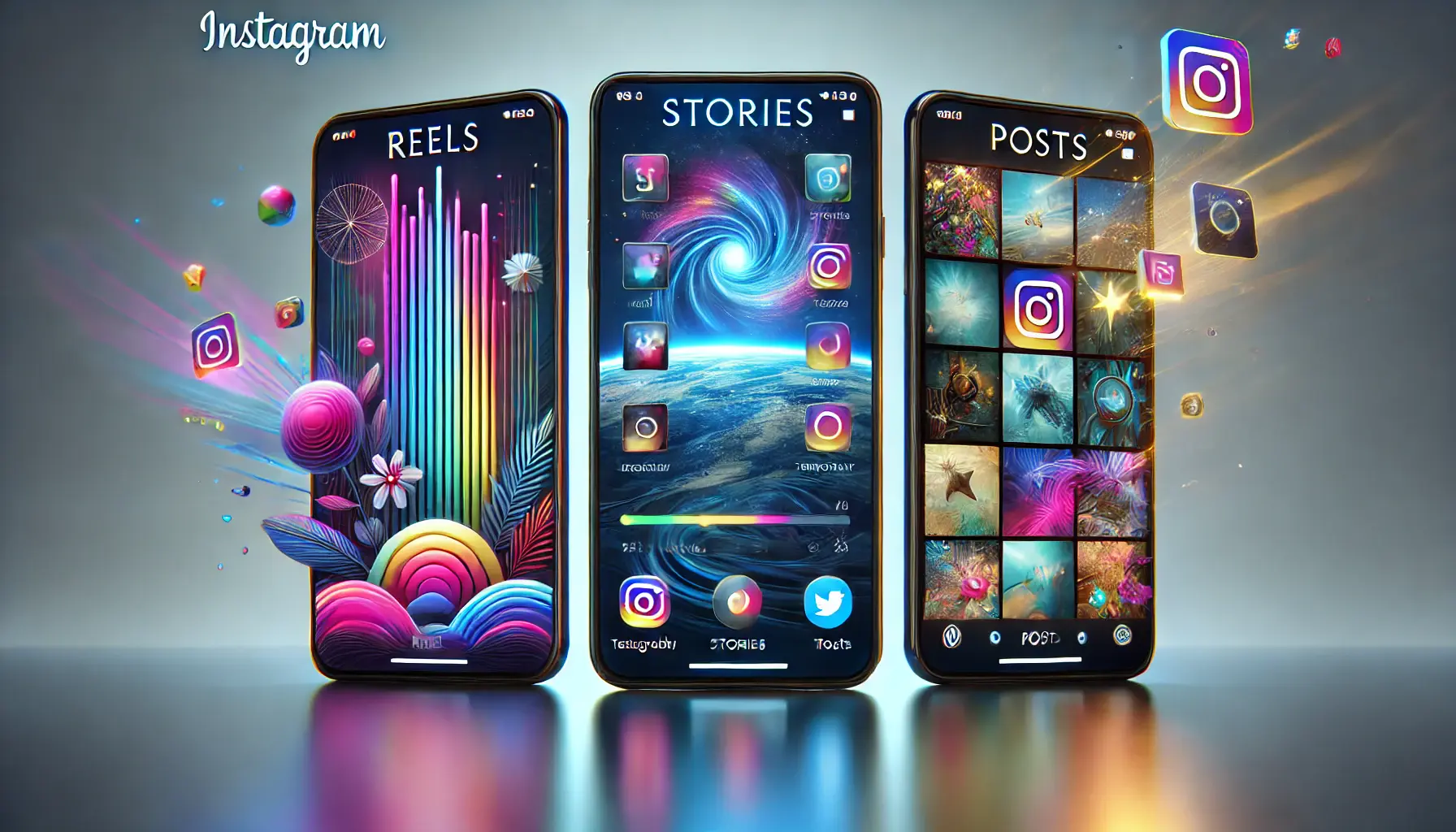 An engaging image showing a smartphone screen with dynamic Instagram Reels, ephemeral Stories, and static Posts, illustrating their unique formats.