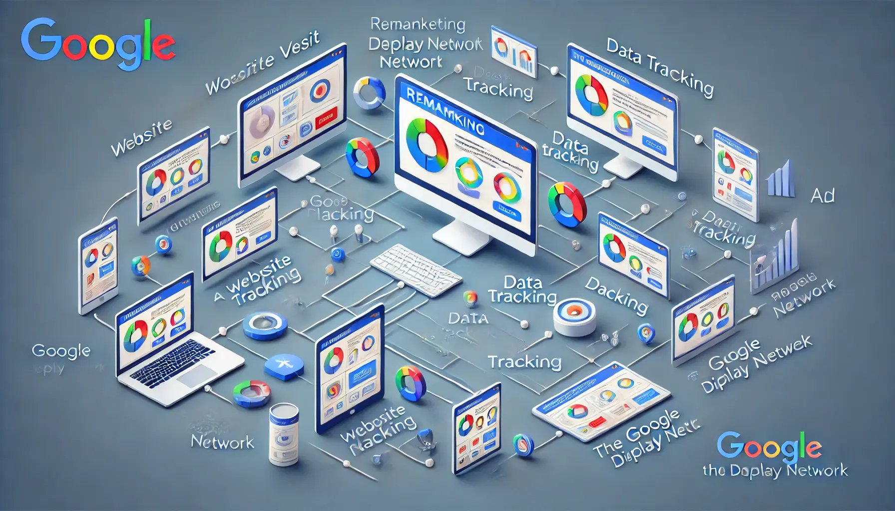 An illustration showing various devices (computer, tablet, smartphone) connected through remarketing, displaying personalized ads based on user behavior.