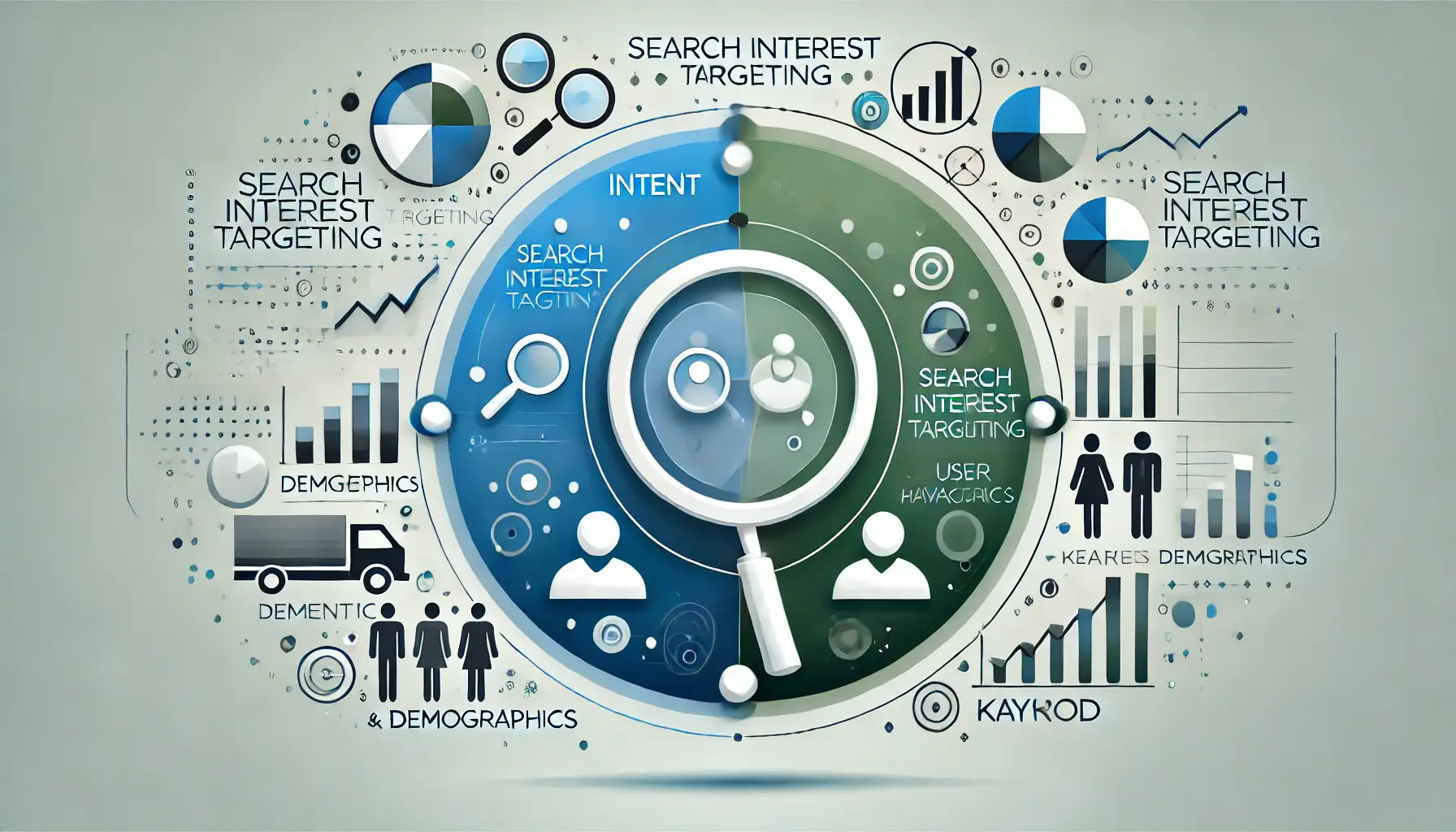 Abstract depiction of the distinctions in search interest targeting, featuring overlapping elements for intent, demographics, and keywords with subtle icons.