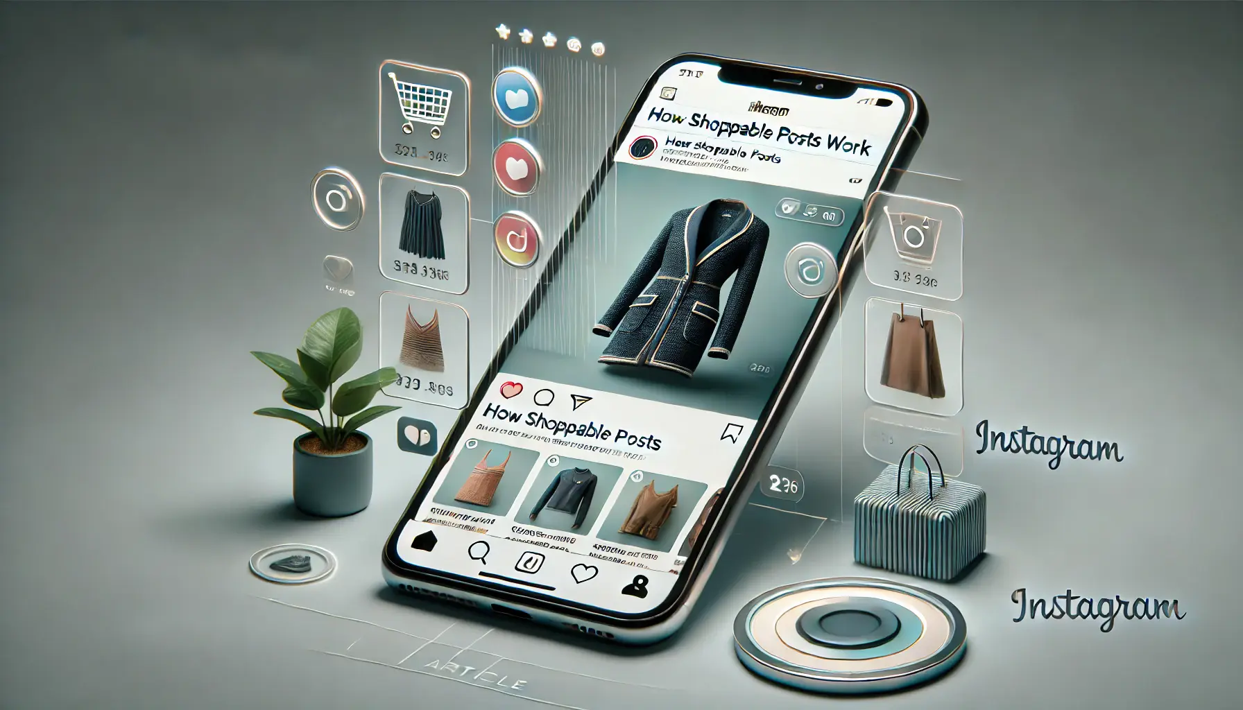 An Instagram post on a smartphone with visible shopping tags and a shopping bag icon, demonstrating the process of shoppable posts.