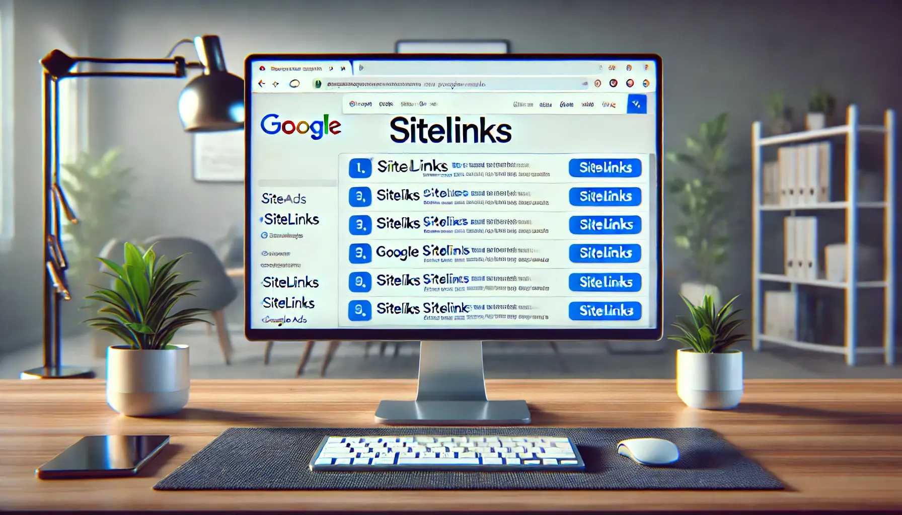 A desktop screen showing a Google search results page with a paid ad displaying sitelinks below the main headline.