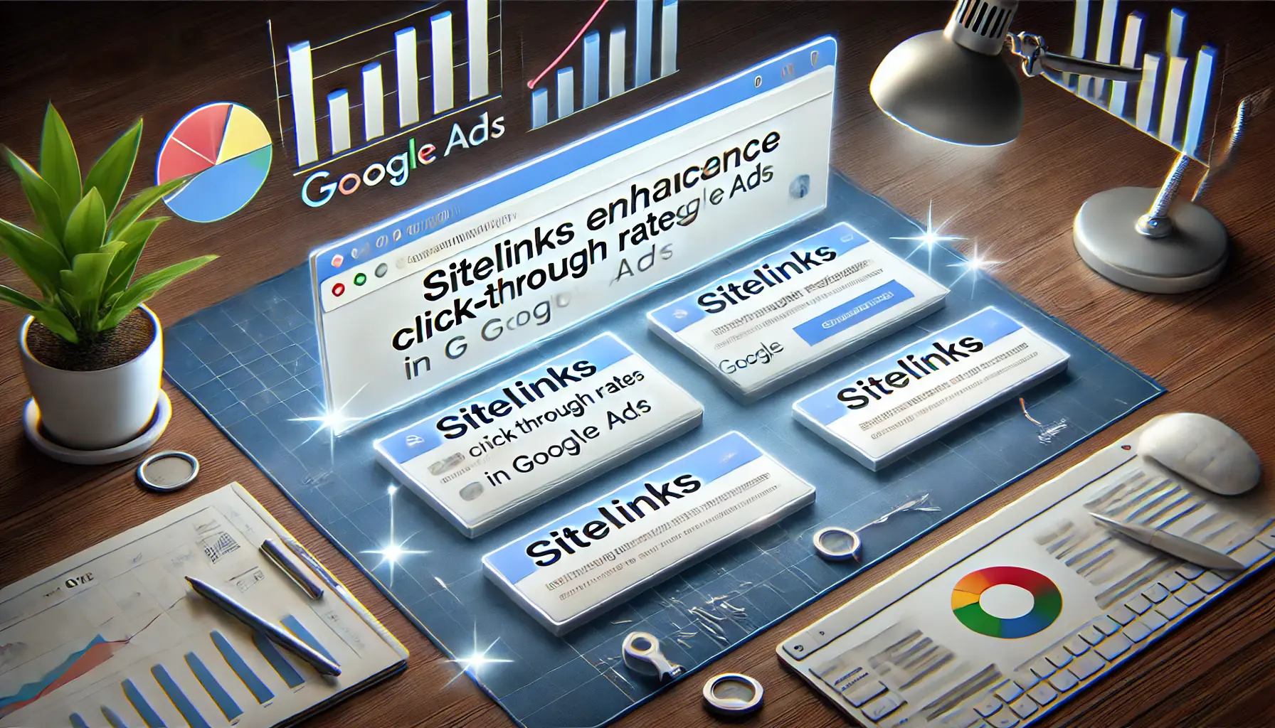 A Google search results page showcasing an ad with sitelinks, alongside graphs depicting increased click-through rates and user engagement.