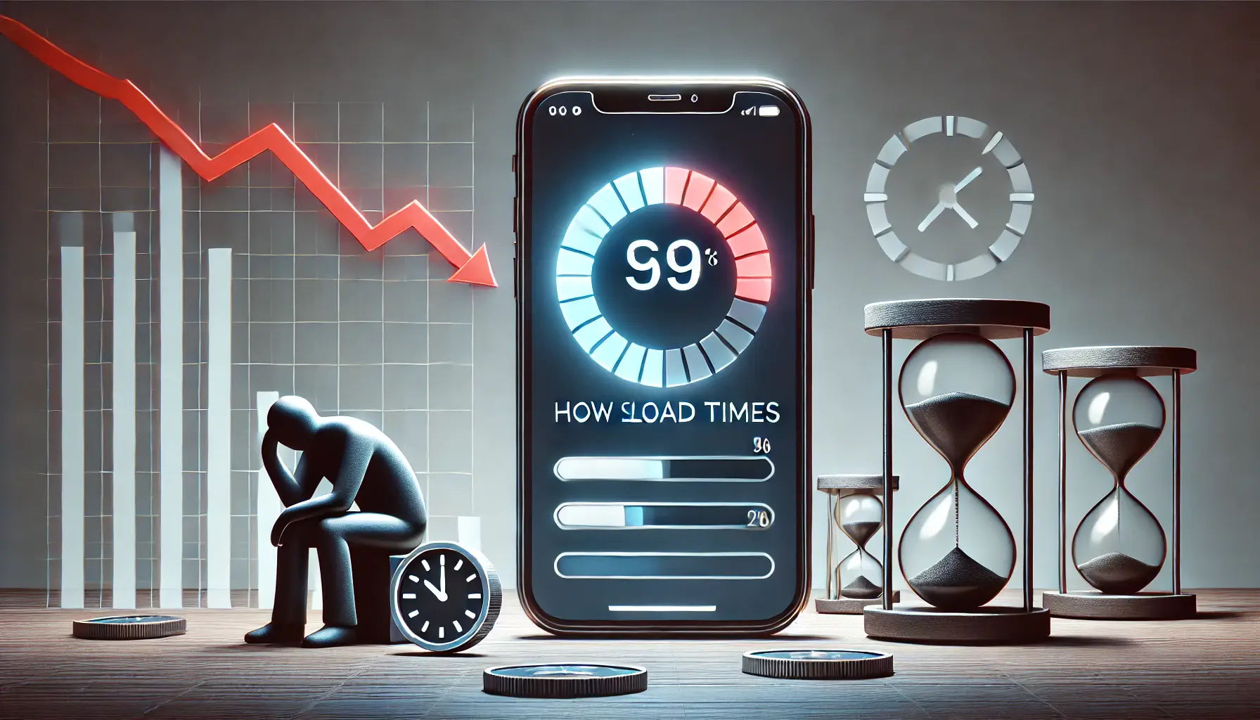 A smartphone showing a loading icon on an ad, surrounded by symbols of frustration like hourglasses and downward trend graphs.