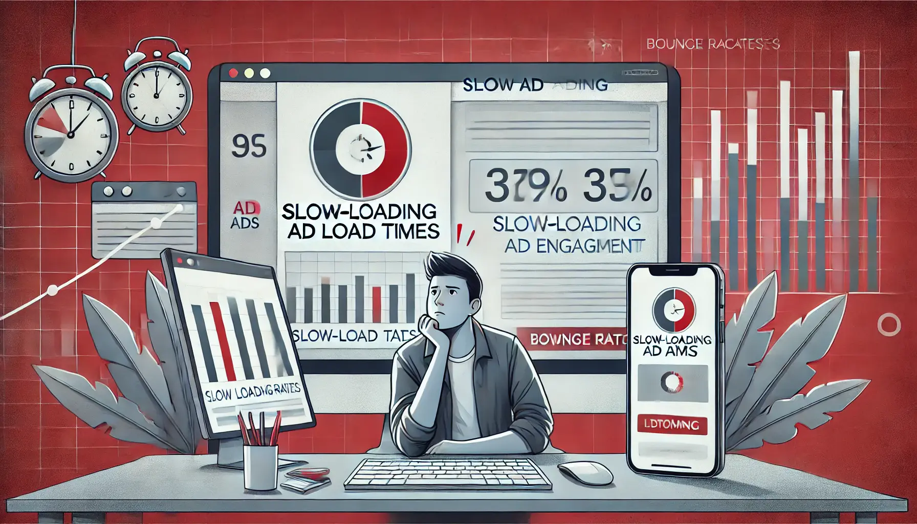 Image showing a frustrated user waiting for a slow-loading ad, with a visible loading spinner and multiple devices showing delays in ad performance.