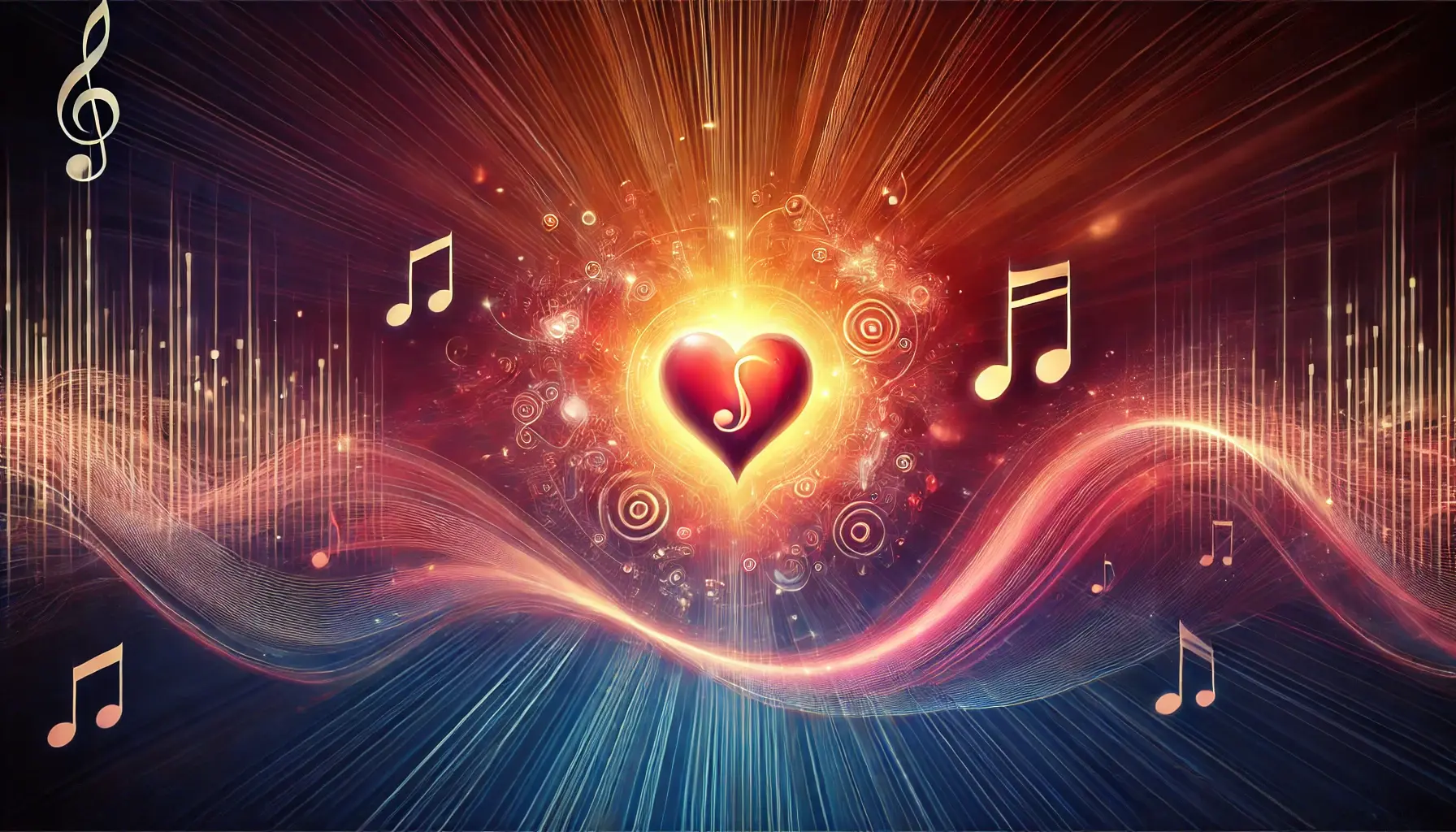 Artistic image of a glowing heart surrounded by sound waves and musical notes, symbolizing the emotional power of sound.