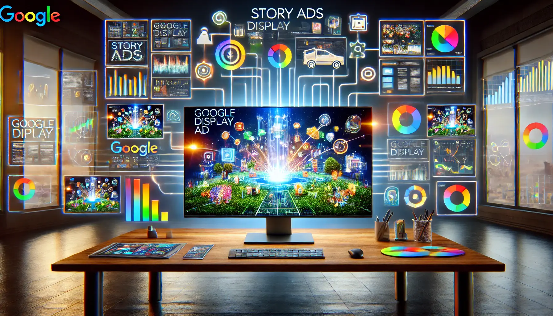 A digital workspace showcasing interconnected advertising networks and storytelling visuals on a large monitor with vibrant graphics.