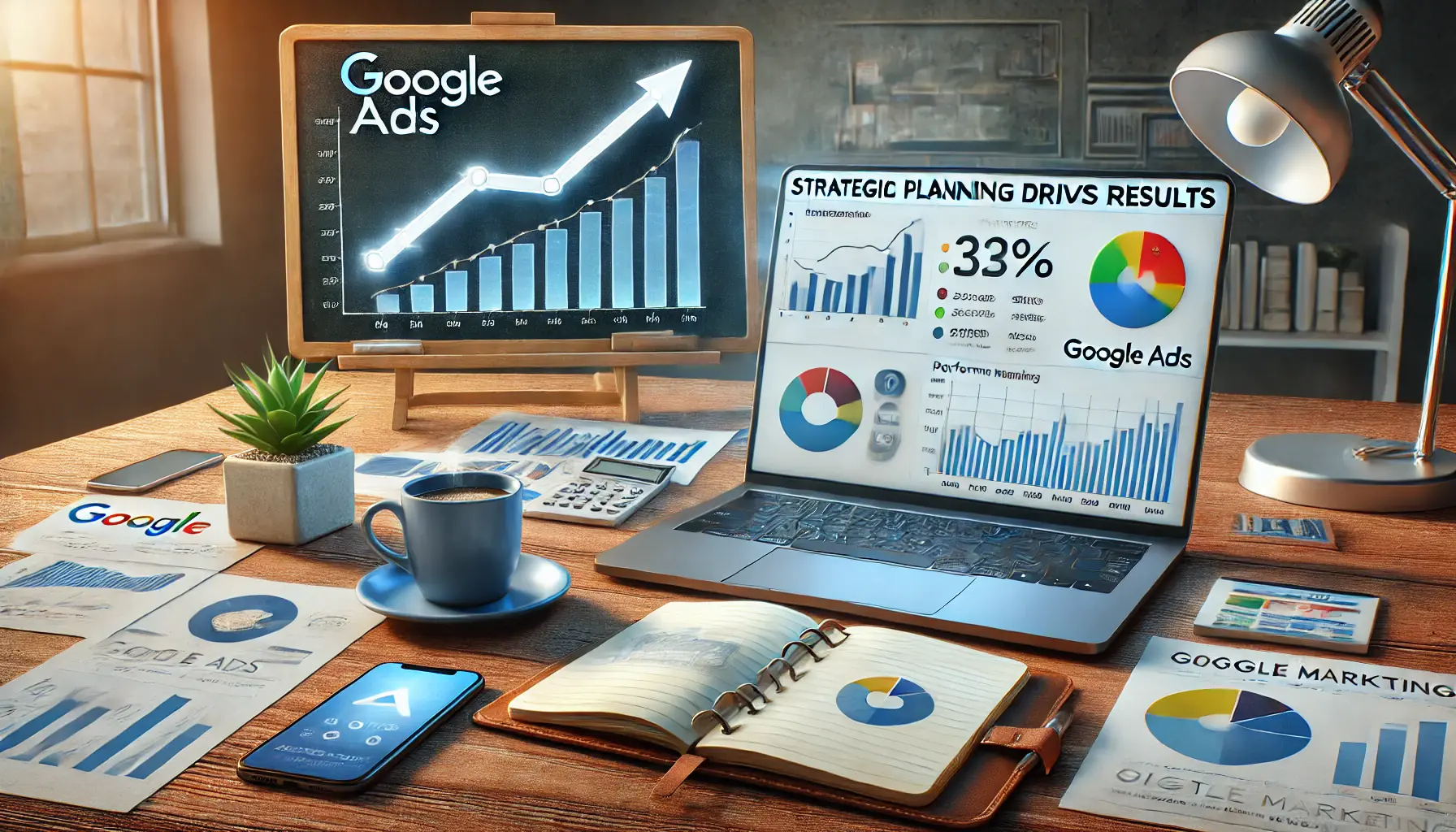 A digital marketing professional analyzing a Google Ads dashboard on a laptop, with graphs showing significant growth and an upward trend in the background.