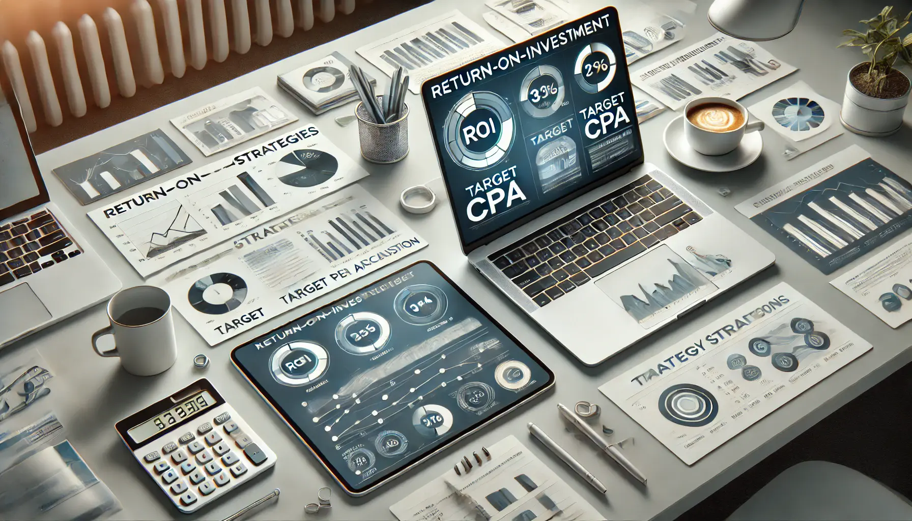 A professional workspace showing a laptop with a return-on-investment dashboard and a tablet displaying cost per acquisition analysis, surrounded by tools like a calculator and notes.