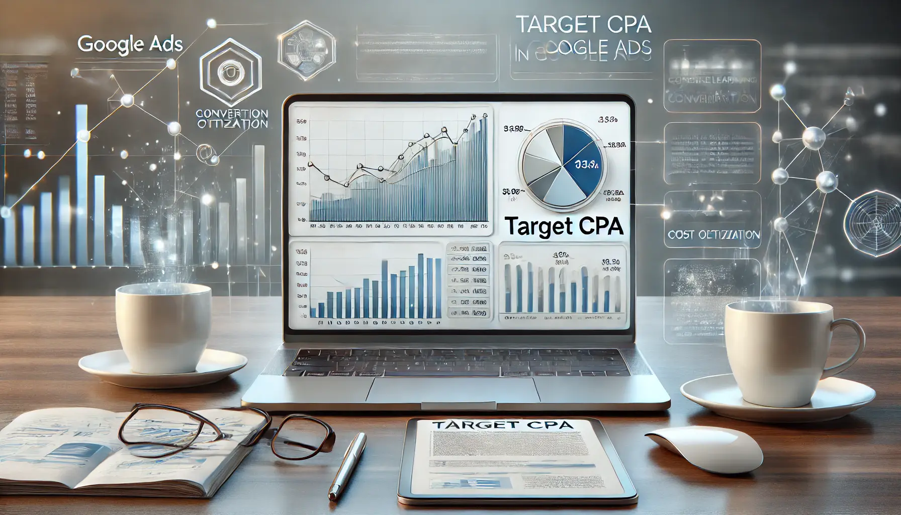 A workspace featuring a laptop with a graph analyzing conversions and cost optimization, surrounded by a tablet displaying a flowchart, symbolizing Target CPA's automation and real-time optimization.