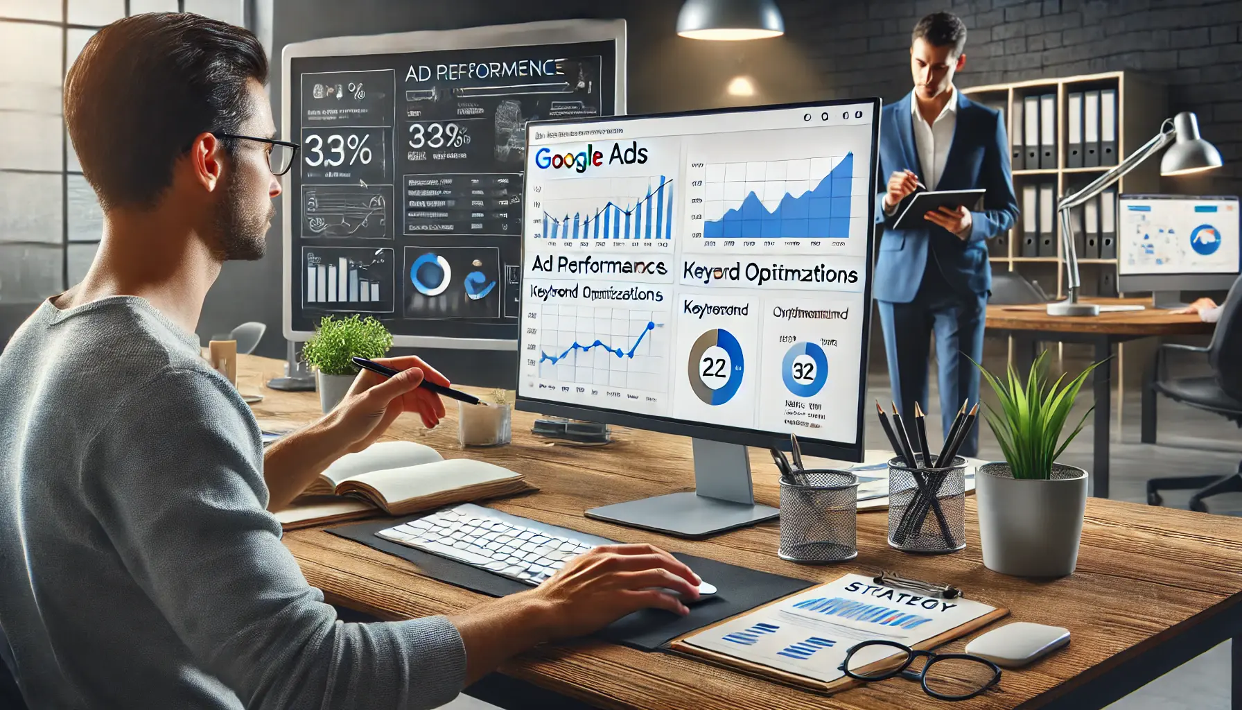 A digital marketing professional optimizing a Google Ads campaign with performance graphs and real-time metrics on a screen.