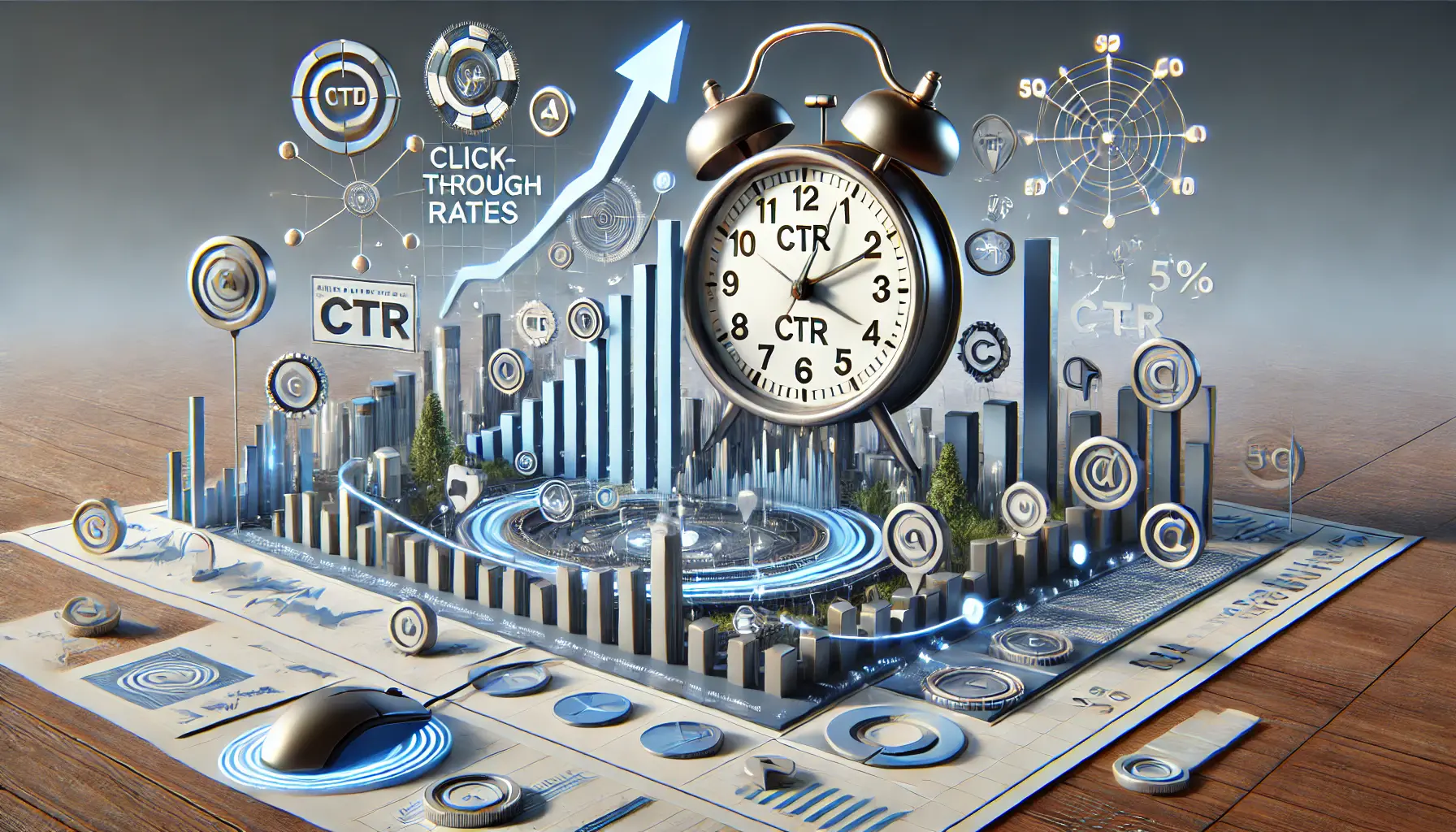 An image showcasing an upward-trending graph with a clock and visual indicators like mouse clicks, representing the influence of timing on click-through rates.