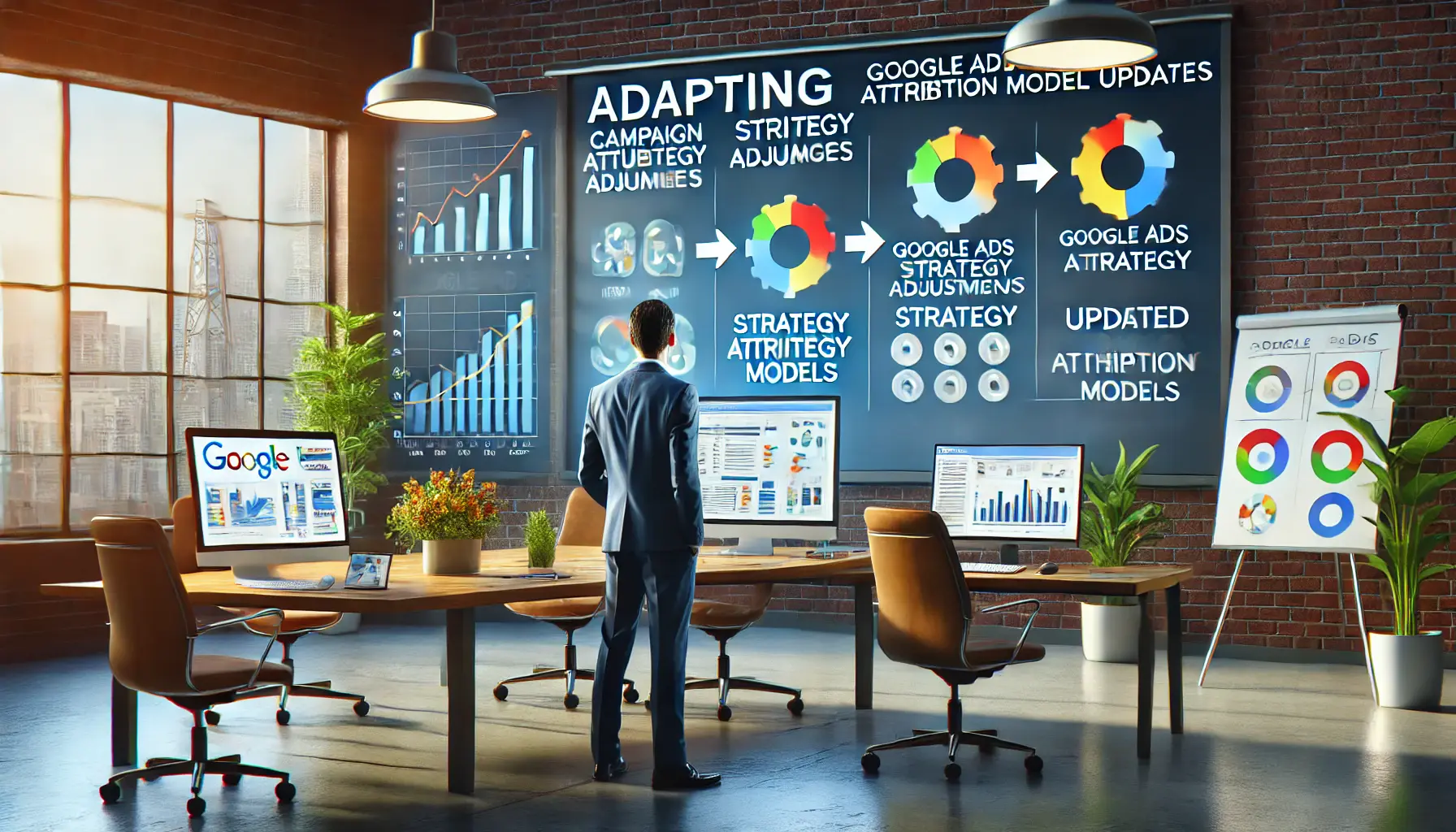 A digital marketing workspace showing a professional adapting a marketing strategy with updated attribution models and performance metrics.