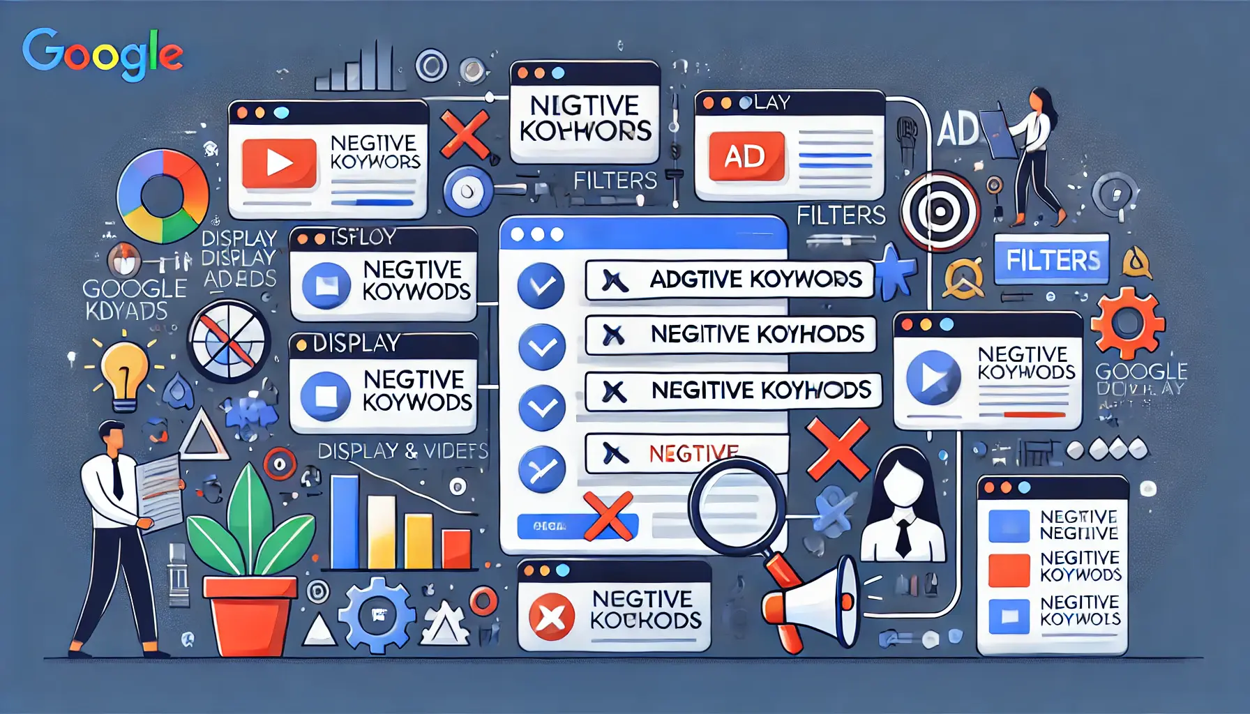 Abstract representation of adding negative keywords to Display and Video campaigns, featuring video screens, display banners, and crossed-out keywords.