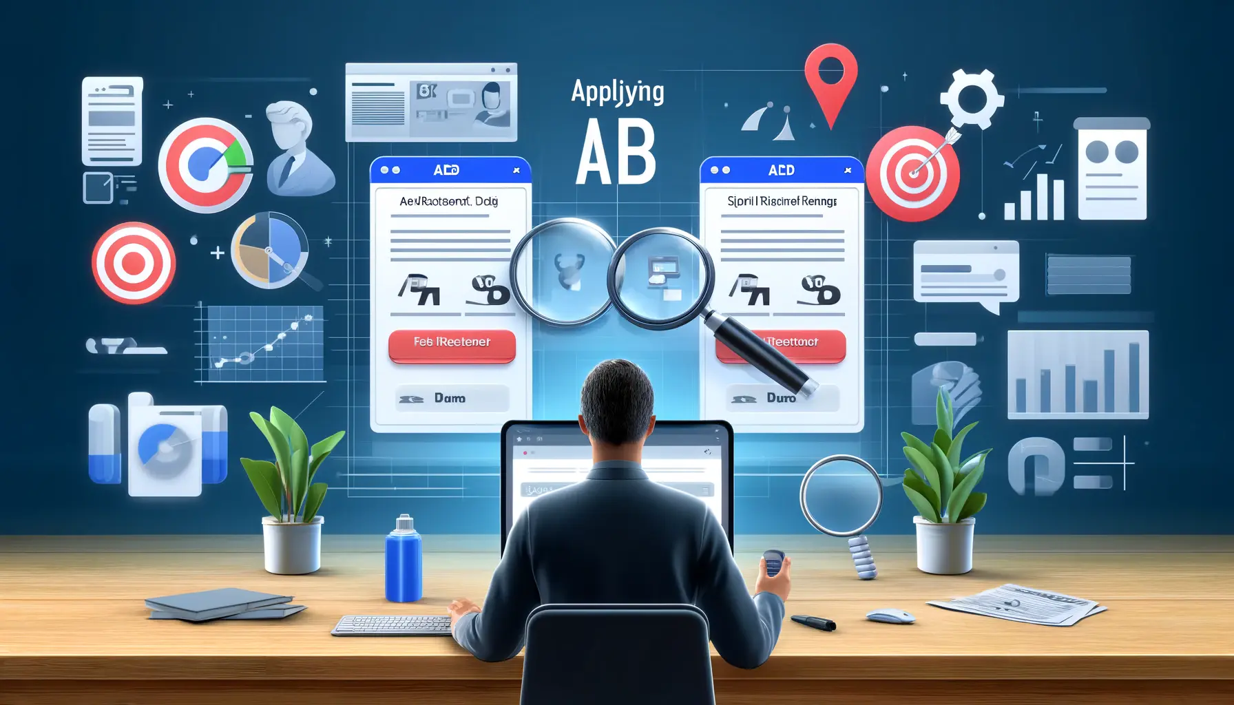 A marketer comparing two ad variations on a dashboard with performance metrics like CTR and Conversion Rates, surrounded by testing icons.