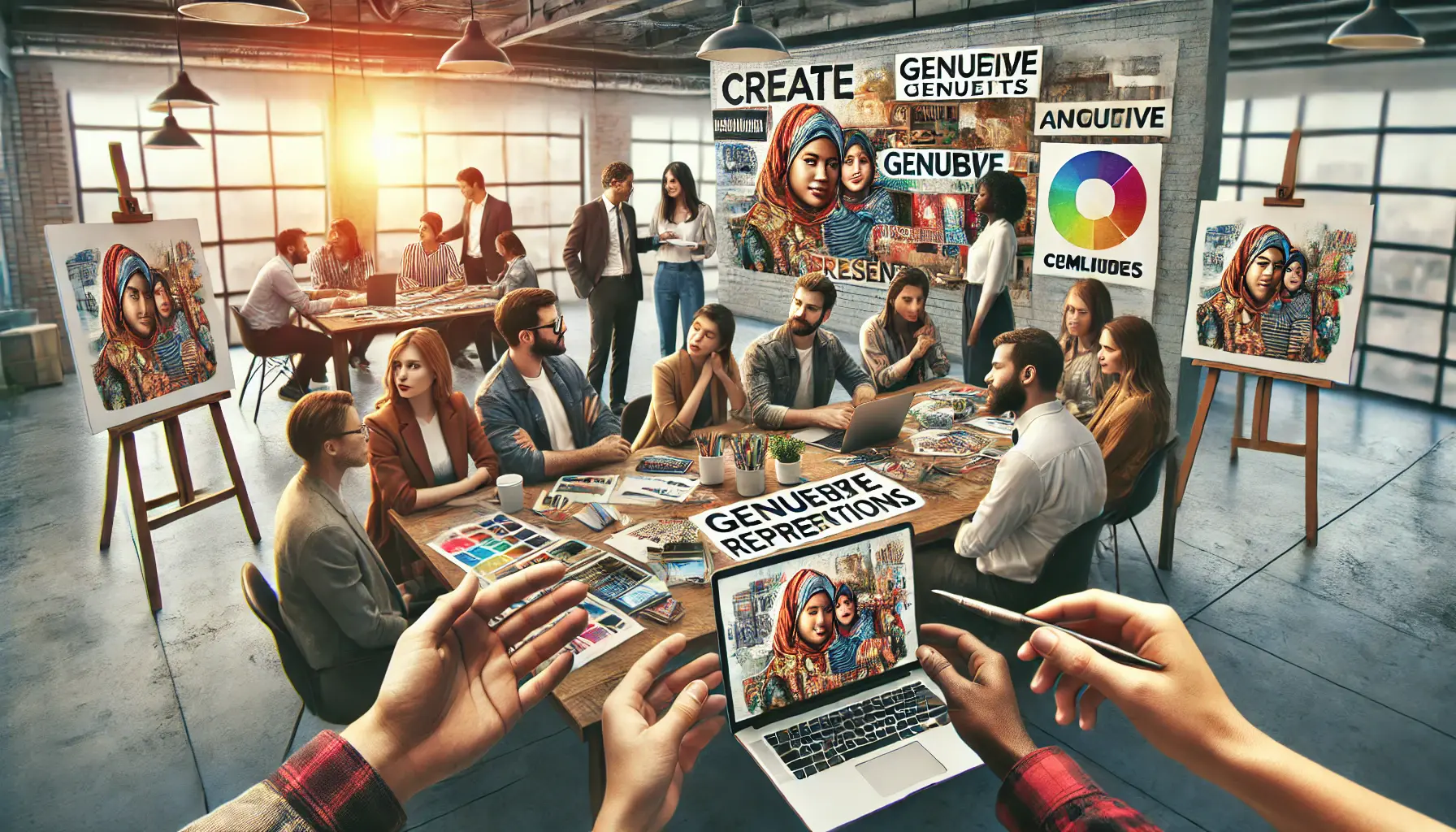 A diverse creative team collaborating in a modern workspace, carefully crafting an inclusive advertising campaign.