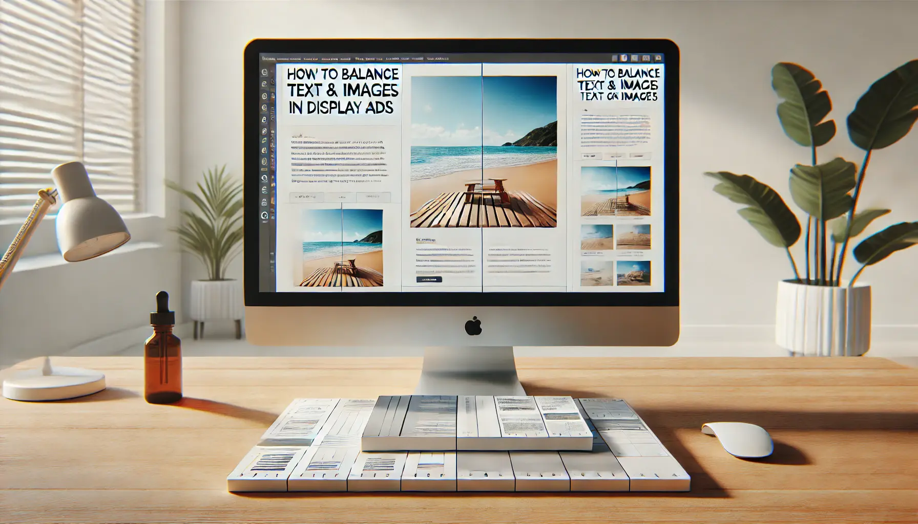 A digital workspace with a computer screen displaying an ad design where text and images are balanced with ample white space for readability.