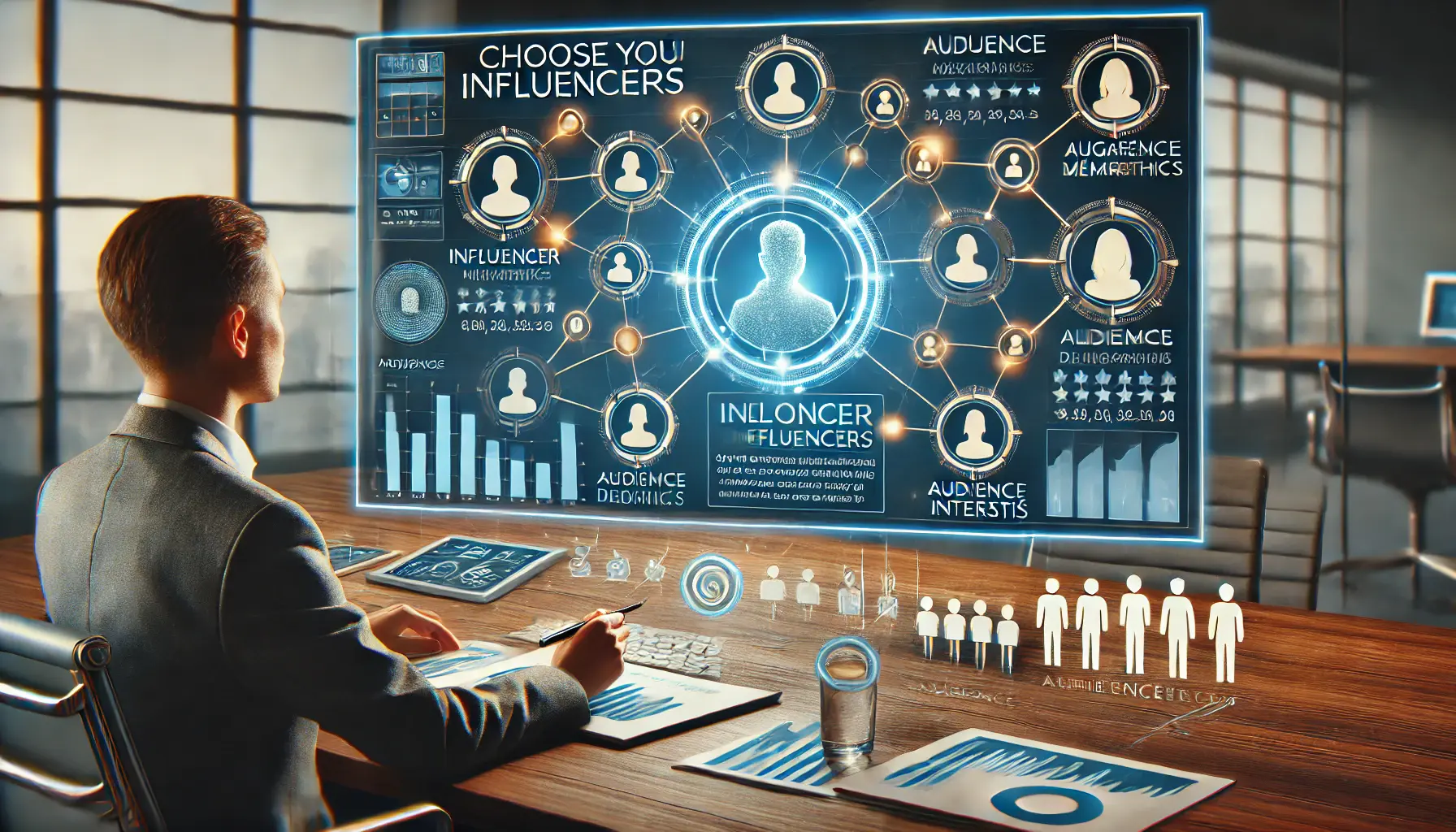 Image of a digital screen displaying influencer profiles with metrics being analyzed by a marketing professional in a modern office setting.