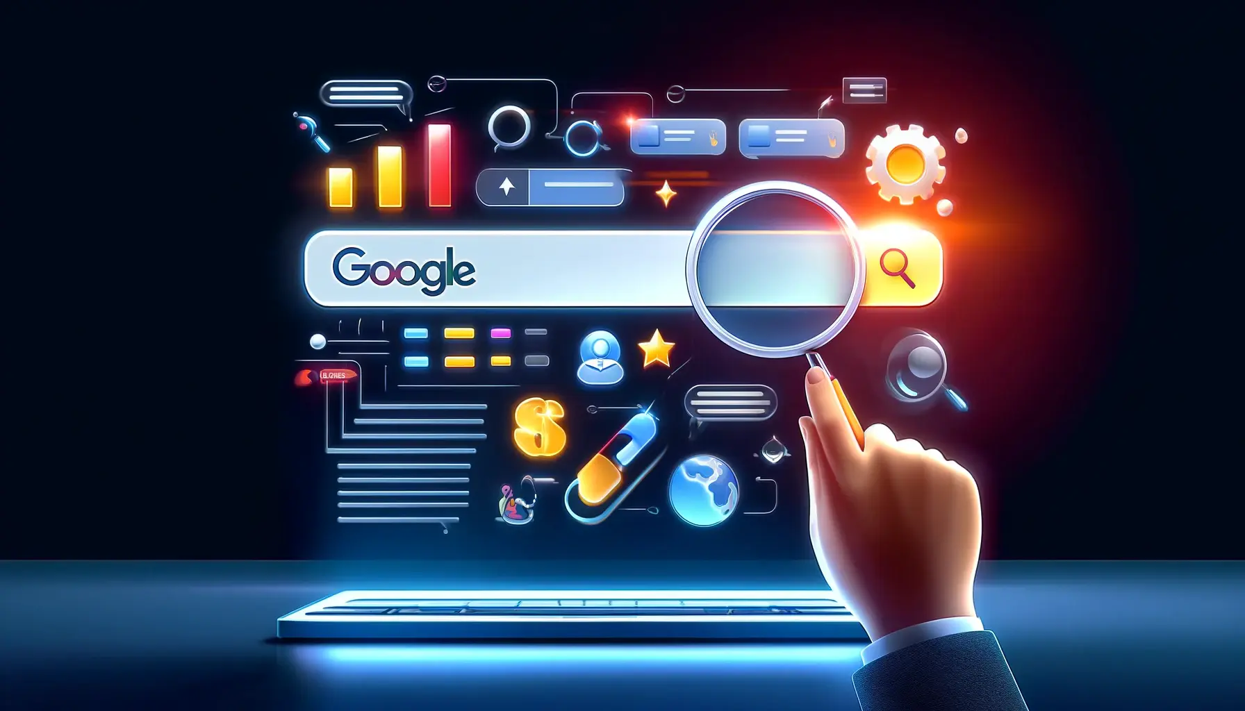 An illustration of choosing keywords for Google Ads, featuring a search bar with different types of keywords and symbols like a magnifying glass and keyword icons.