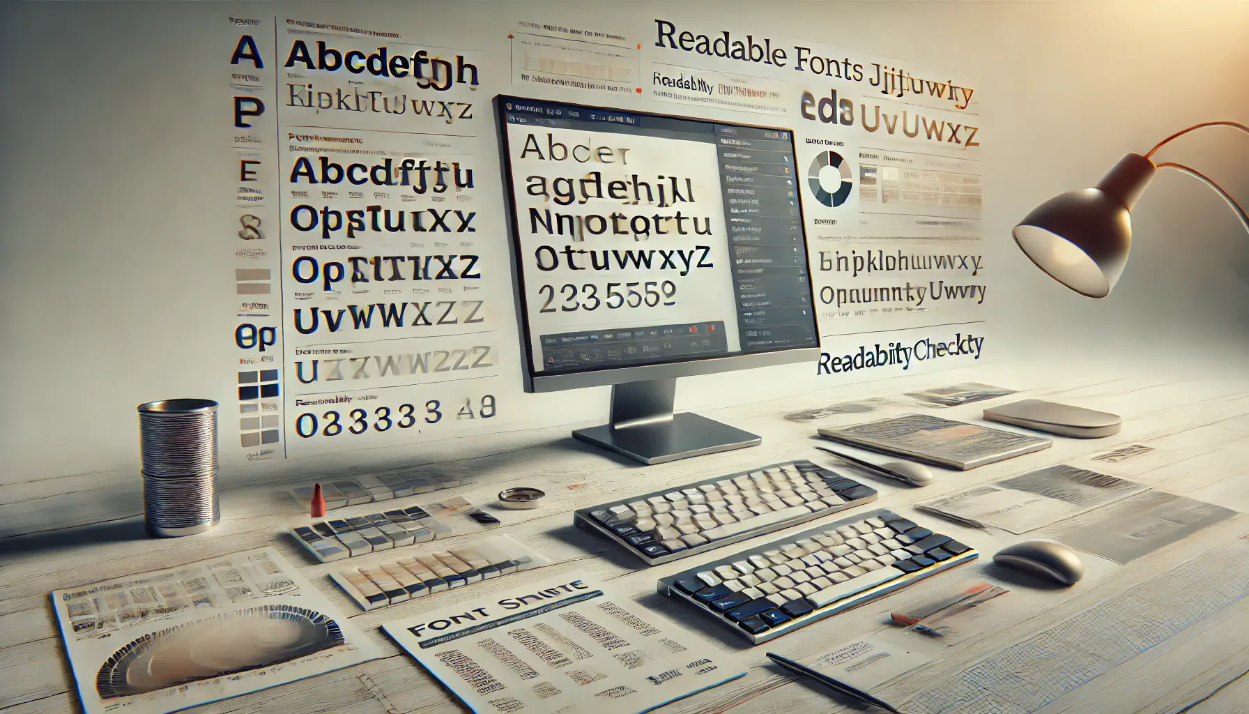 A digital workspace showing a computer screen with different font styles and sizes, focused on readability and clarity for ad design.