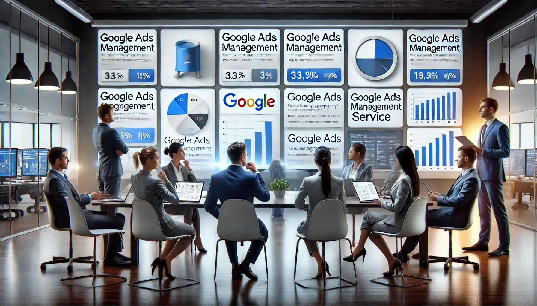 A business team evaluating options on a large screen with comparison charts and graphs, representing the process of choosing the right Google Ads Management Service.