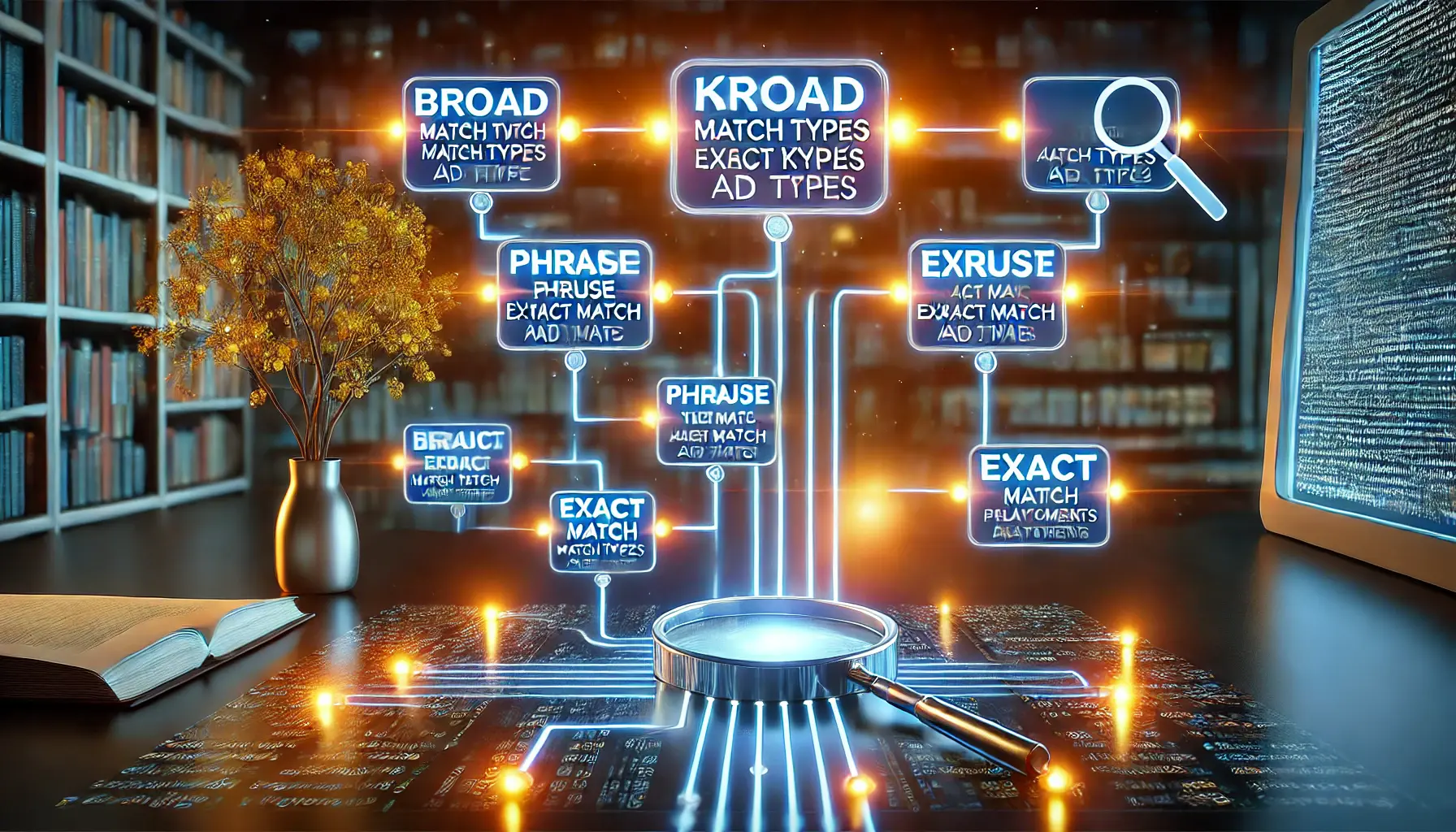 Illustration of keyword match types selection, featuring a flowchart connecting broad, phrase, and exact matches to ad placements with glowing elements.