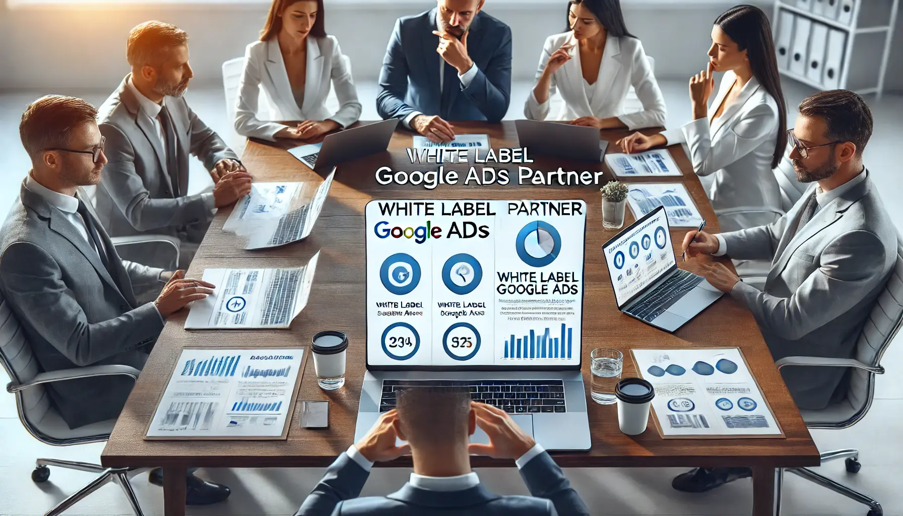 A team evaluating and selecting the right White Label Google Ads partner in a modern office.