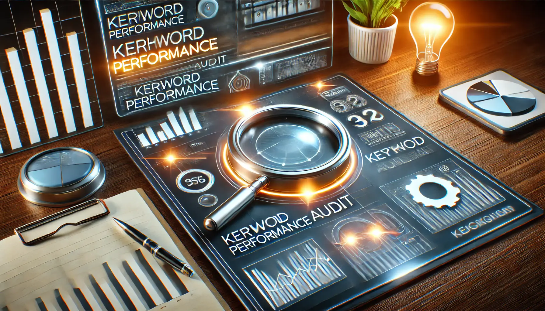 Illustration of a keyword performance audit process with dashboards, analysis tools, and highlighted improvement areas in a futuristic workspace.