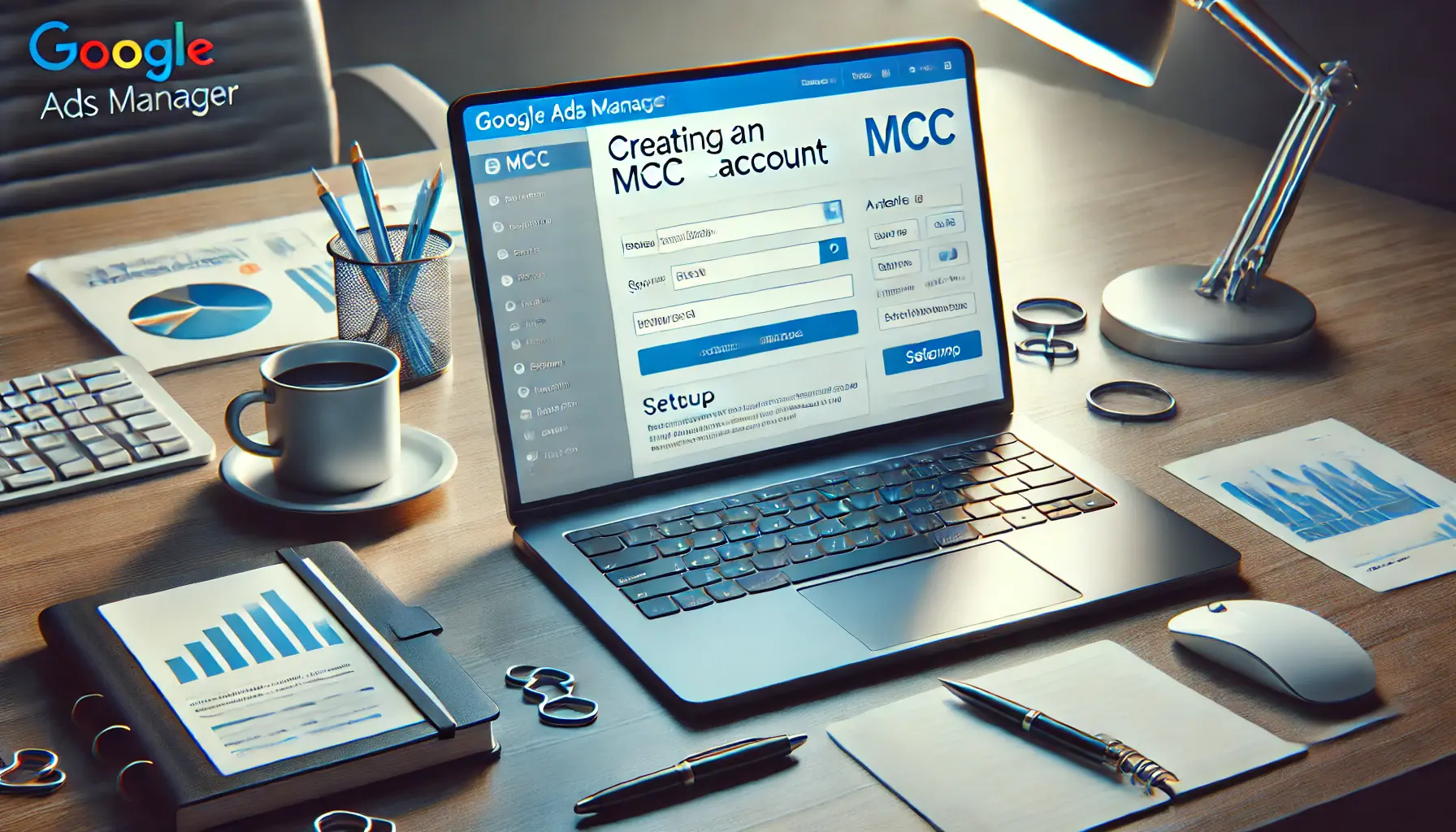 A workspace with a laptop displaying the Google Ads Manager setup process and surrounding office tools.