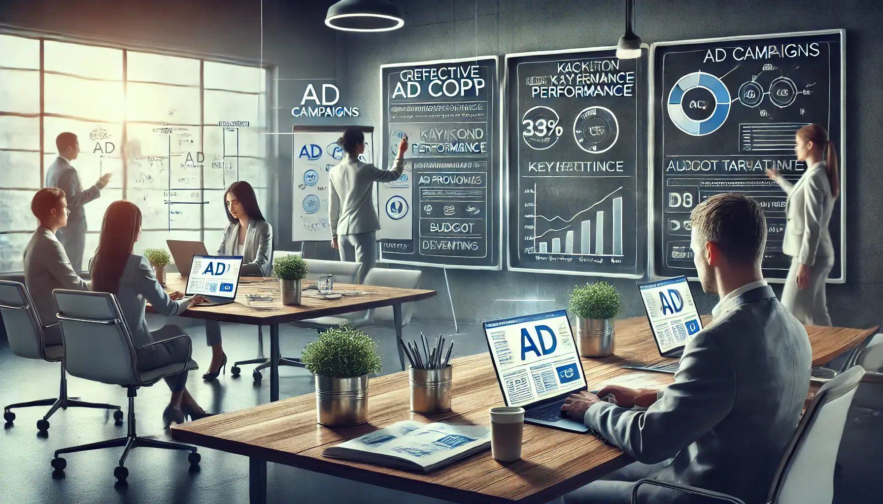 A collaborative workspace showing professionals designing ad copy, analyzing keyword performance, and brainstorming campaign objectives with tools and screens displaying ad metrics.