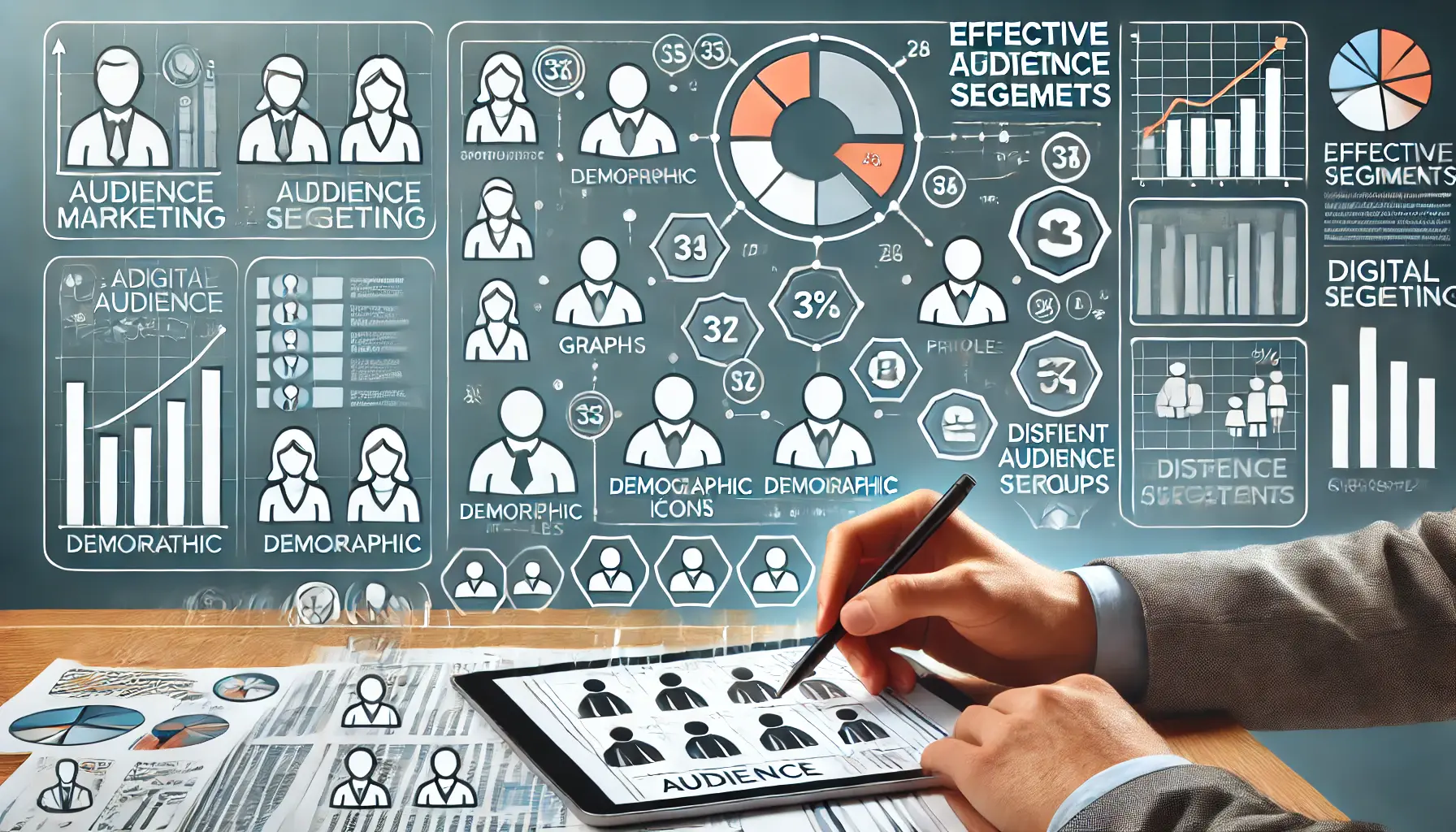 An image depicting the process of creating effective audience segments with a marketer using a computer to analyze data, featuring graphs and demographic icons.