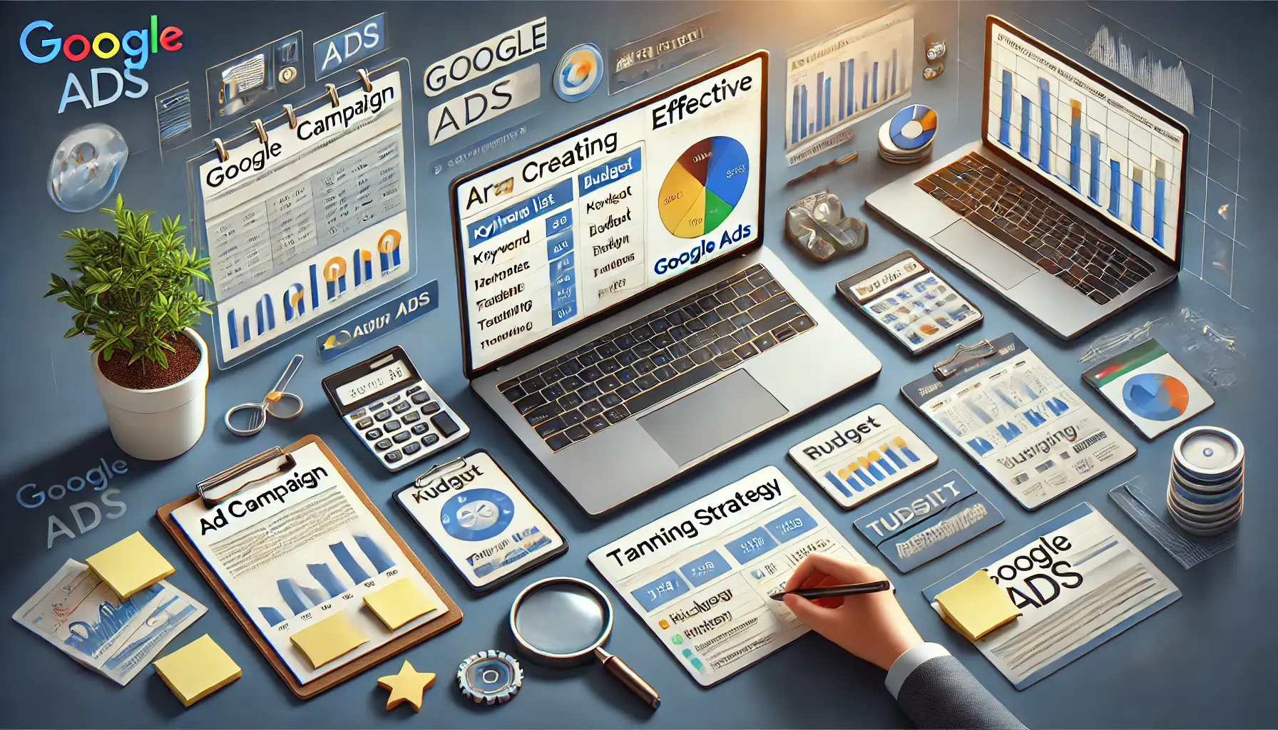 A digital marketing workspace showing a laptop with an ad campaign dashboard, tools like keyword lists, and analytics graphs.