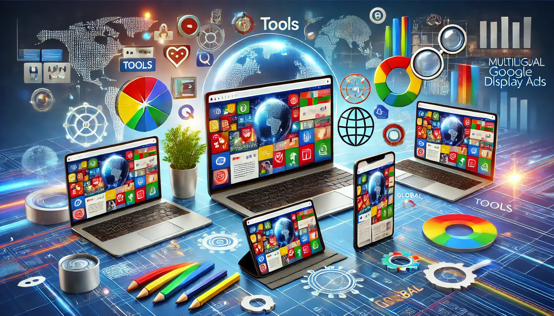 A depiction of multiple devices displaying localized digital ads surrounded by icons representing tools and global connectivity, symbolizing multilingual ad creation.