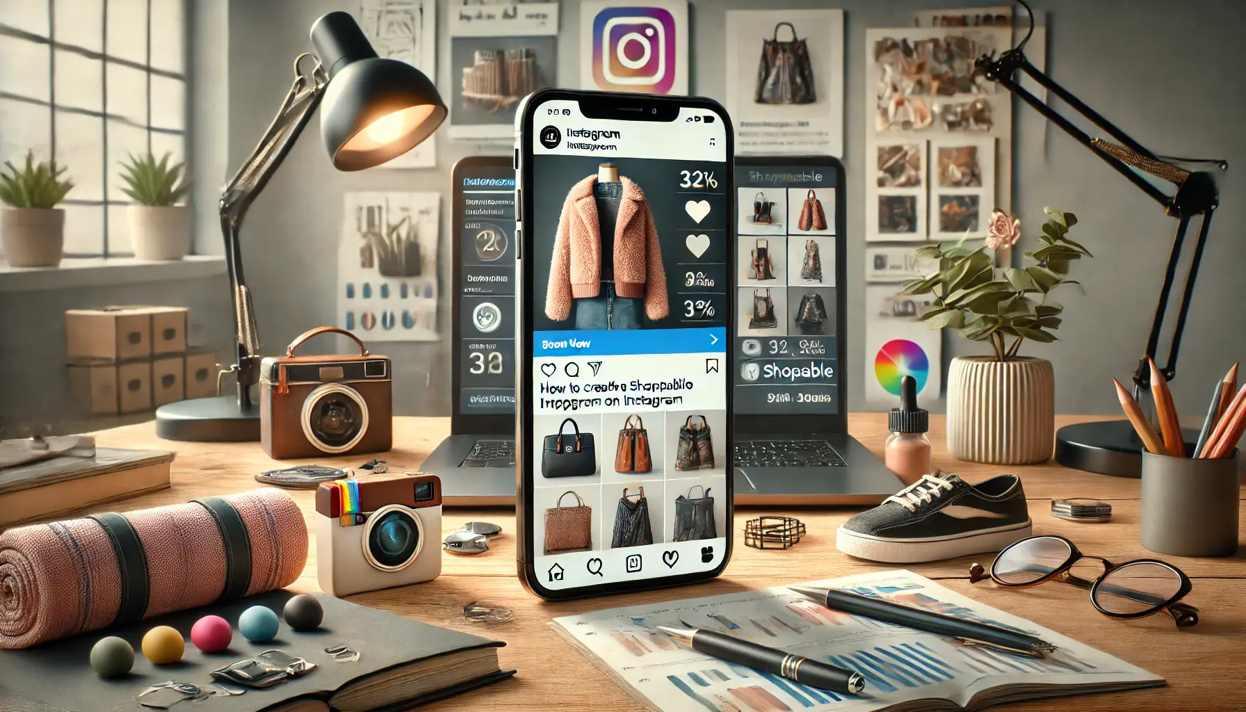 A workspace showing a smartphone displaying an Instagram post being edited with shoppable tags and tools like analytics and product images.