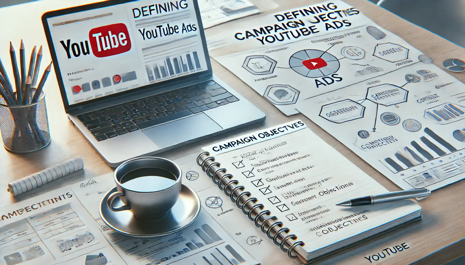 A workspace with a laptop showing digital marketing metrics, a notebook with brainstorming ideas, and a coffee cup, symbolizing the process of defining YouTube ad campaign objectives.