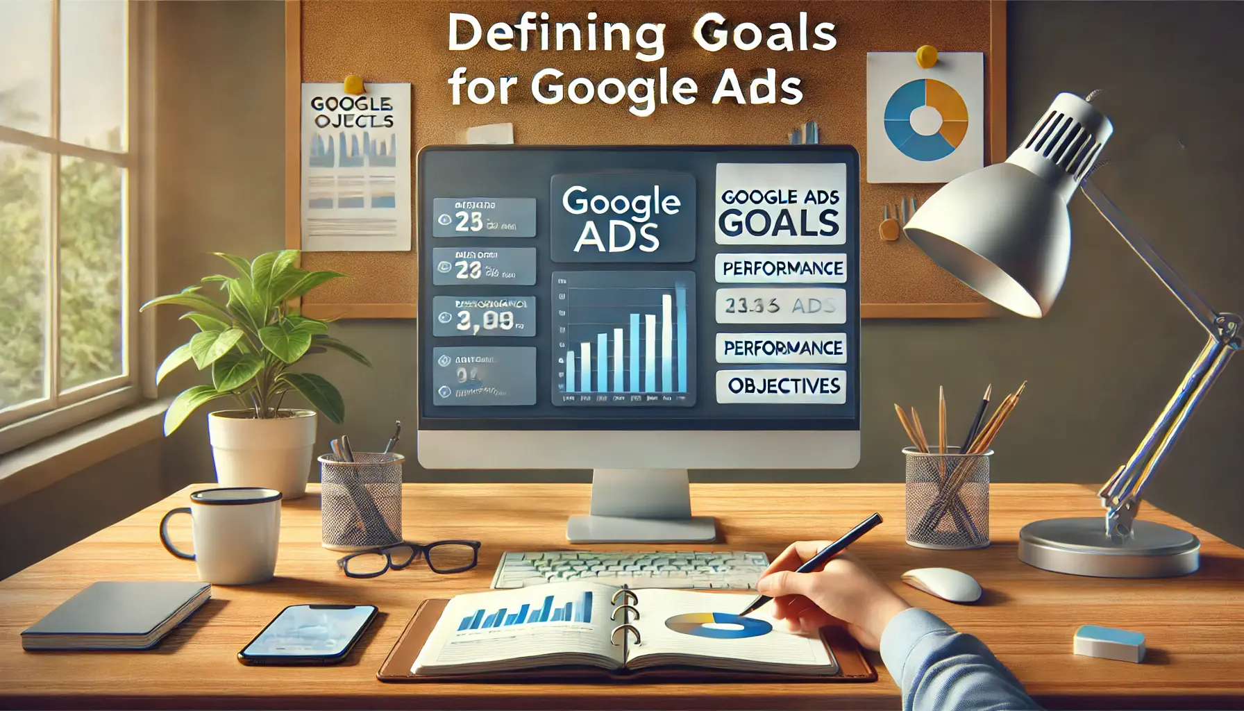 A professional analyzing Google Ads data on a computer screen, with performance metrics and graphs, surrounded by a notebook, smartphone, and coffee cup.