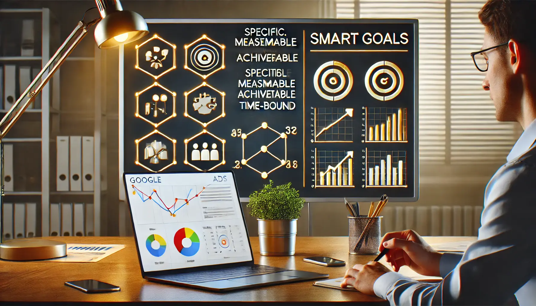 A modern workspace with a digital whiteboard displaying SMART goals and a laptop showing campaign objectives and progress charts.