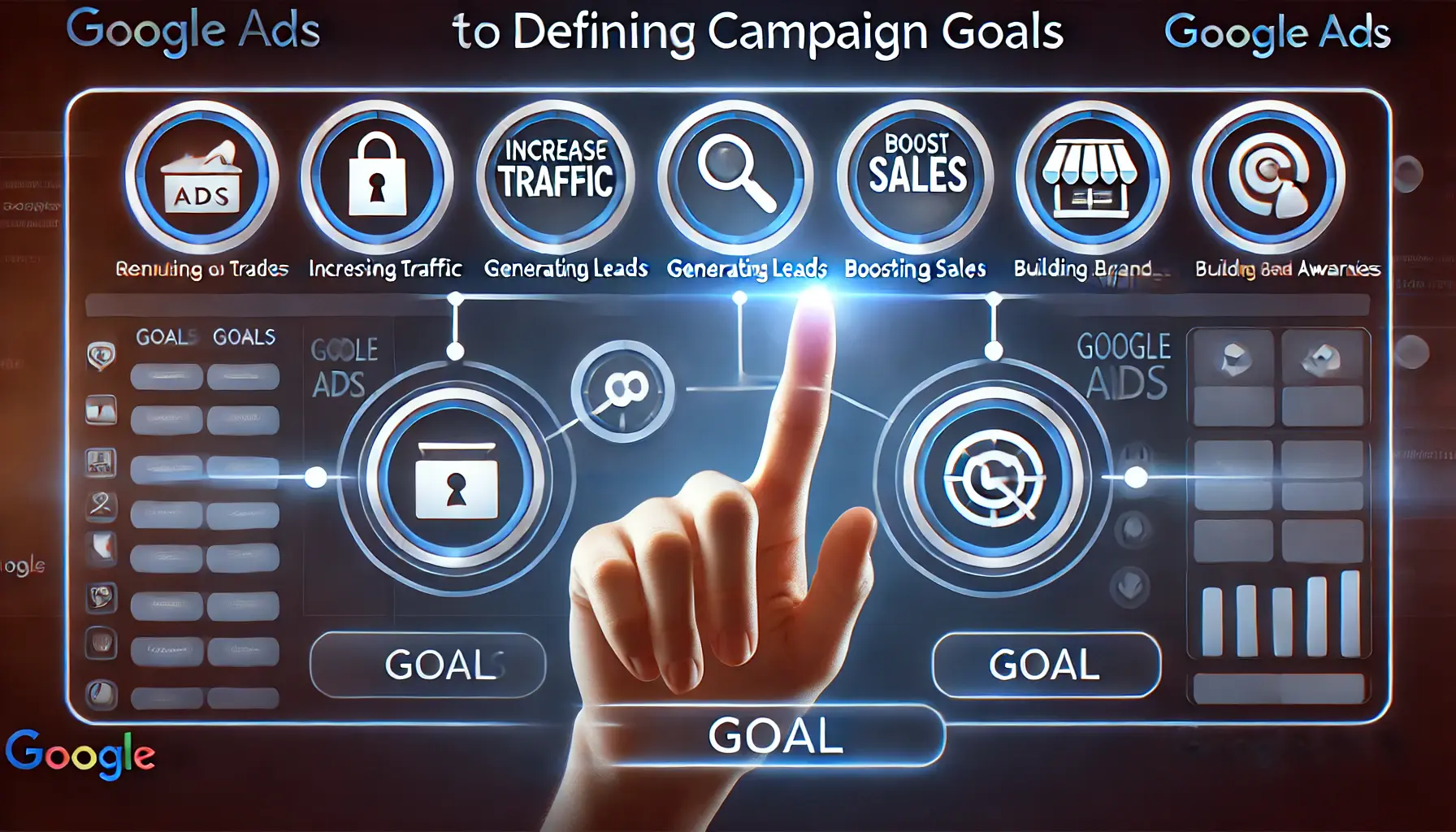 An illustration representing the process of defining campaign goals in Google Ads, featuring icons for goals like increasing traffic, generating leads, and boosting sales.