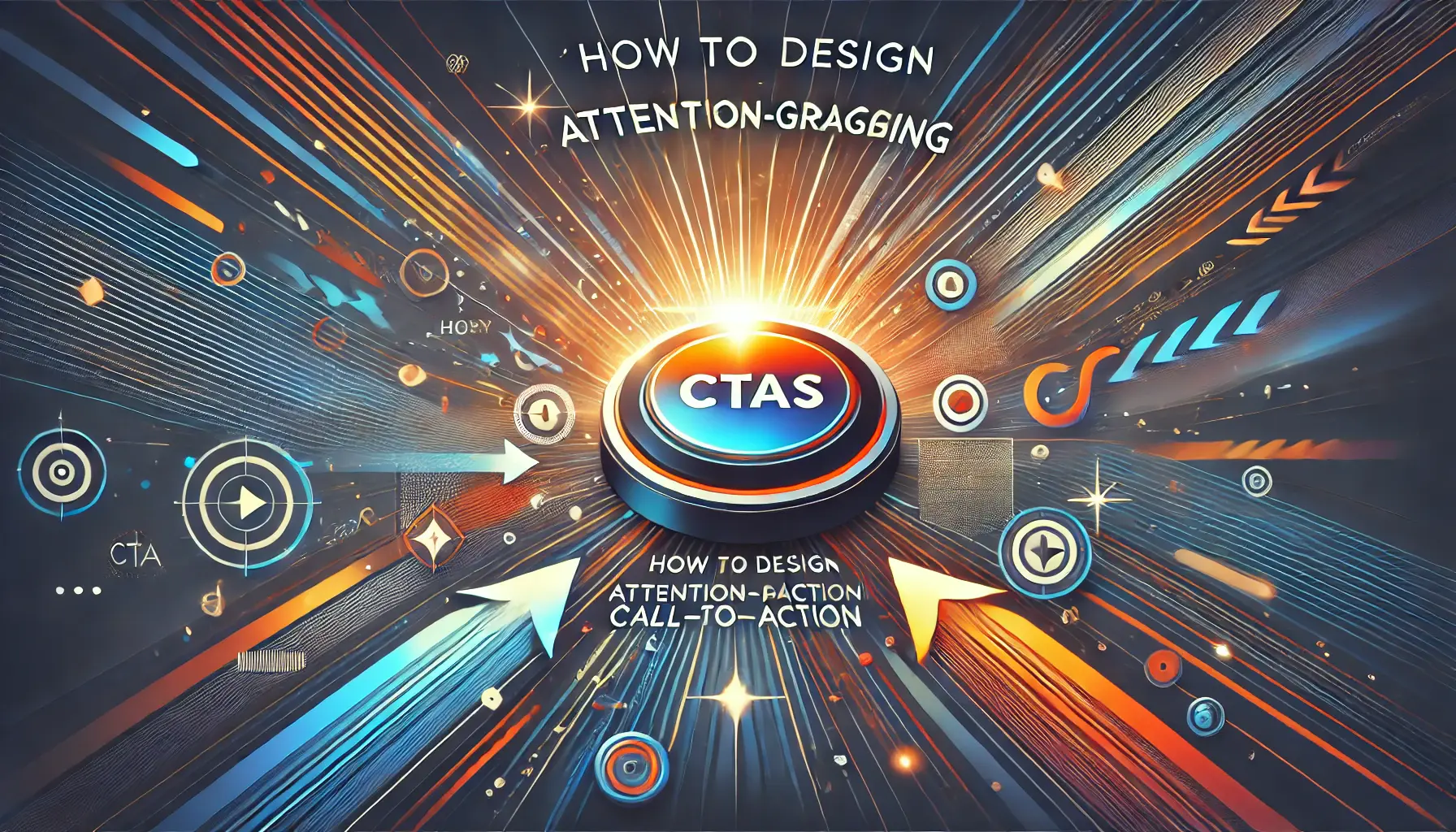 An image featuring a glowing call-to-action button surrounded by dynamic arrows, bursts of light, and contrasting abstract patterns symbolizing focus and attraction.